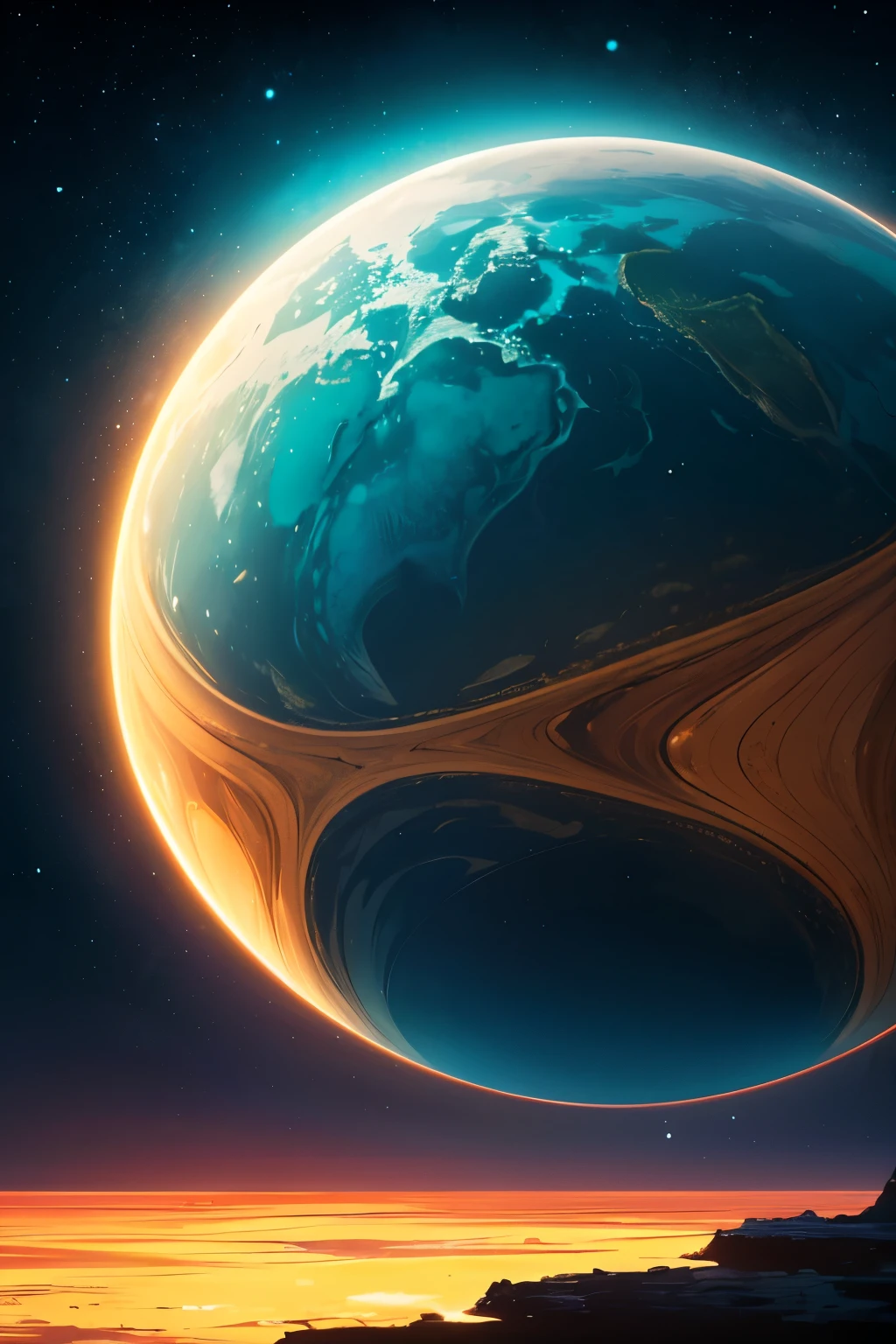 A mysterious and captivating image of the alien planet Solaris, as imagined in Stanisław Lem's novel. Solaris floats in space, bathed in the light of two suns—one red and one blue—casting a surreal and otherworldly glow over the planet's surface. Its vast ocean is alive, shifting and morphing with vibrant colors, mainly blue and gray, but with hints of warmth and shadow depending on the angle of the light. Strange, organic formations rise from the ocean, resembling smooth, abstract shapes that seem to pulse with a mysterious intelligence. The scene captures the planet's haunting beauty, sense of cosmic isolation, and the unknowable, enigmatic presence of an alien consciousness.