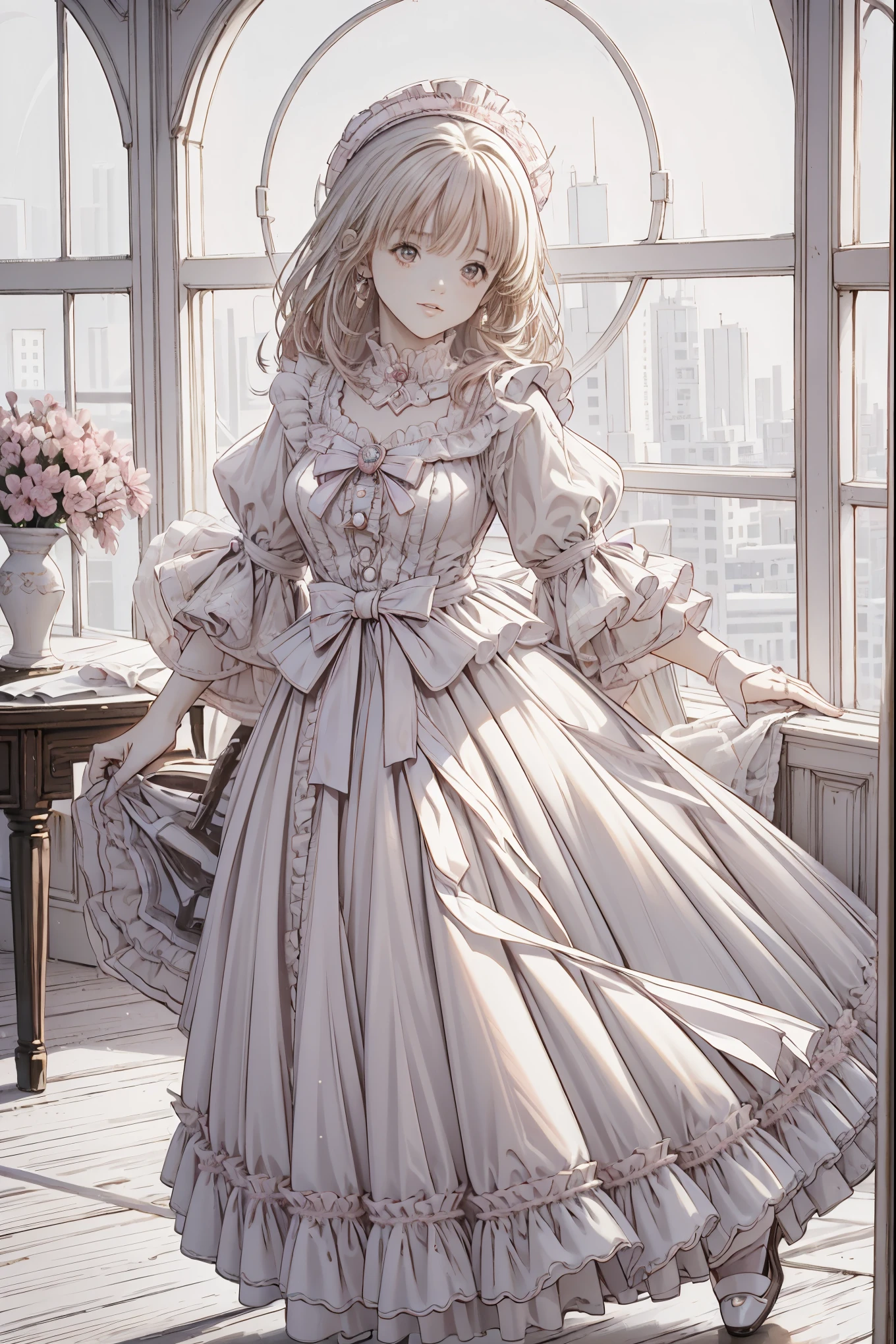 (Best Quality,4K, Hi-Res,masterpiece:1.2), several people having fun with each other while having very detailed ,Realistic:1.37,,(whole body, Shows Your Feet and Shoes: 1.2),、(( pink dress )), 荘厳なライトピンクとゴールドの夜会服のドレスを着た女の子の超Realisticな写真, Big beautiful dress, Lots of frills and rhinestones、Intricate and voluminous ball gown (Best Quality, table top, Art Station , fantasy art:1.2), 美しいcute女の子, ( long blonde curly hair :1.1), (Exquisite gold short skirt, whole bodyショット)、Anime Style、story、、 beautiful girls、とてもcute天使、 pink gothic dress 、cute、、smile、 long skirt、, black long boots、Best Quality, masterpiece, 最 Hi-Res, artwork , super それにGet used to it, many Get used to it, Get used to it, それにGet used to it, woman, ,(( pink victorian voluminous ball gown dress )), Long Dress, dress with lots of frills and ribbons .. with a tiara on her head ,luxury,1 person, Pink brown hair,Pink Eyes、Pink World,(A girl wearing a pink princess skirt), Pink Hair,pink bedroom layout,Pink Bed,Pink mosquito net,Pink furniture,pink color palette ,(zenTangle, Mandala, Tangle, enTangle:0.6),(Make art), Most Beautiful Chaotic Shape ,Beast Design,Behind, Pink High Heels , perfect hand ,