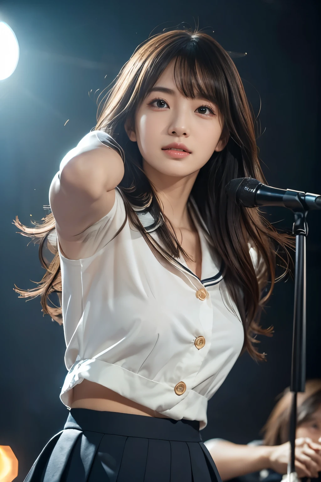 (( best quality)), ((masterpiece)), ( Details),32K, high res, photo realistic, (anatomically correct:1.1), break,a Japanese girl, top of beauty, fair skin, cat face, (mole under left eye:1.2), singing on stage, outdoor, having microphone, wearing school uniform,19yo, bob hair, bangs, top idol, cool,(happy:1.1), (slender), (backlighting:1.2), cinematic lighting, (thigh focus:1.1)