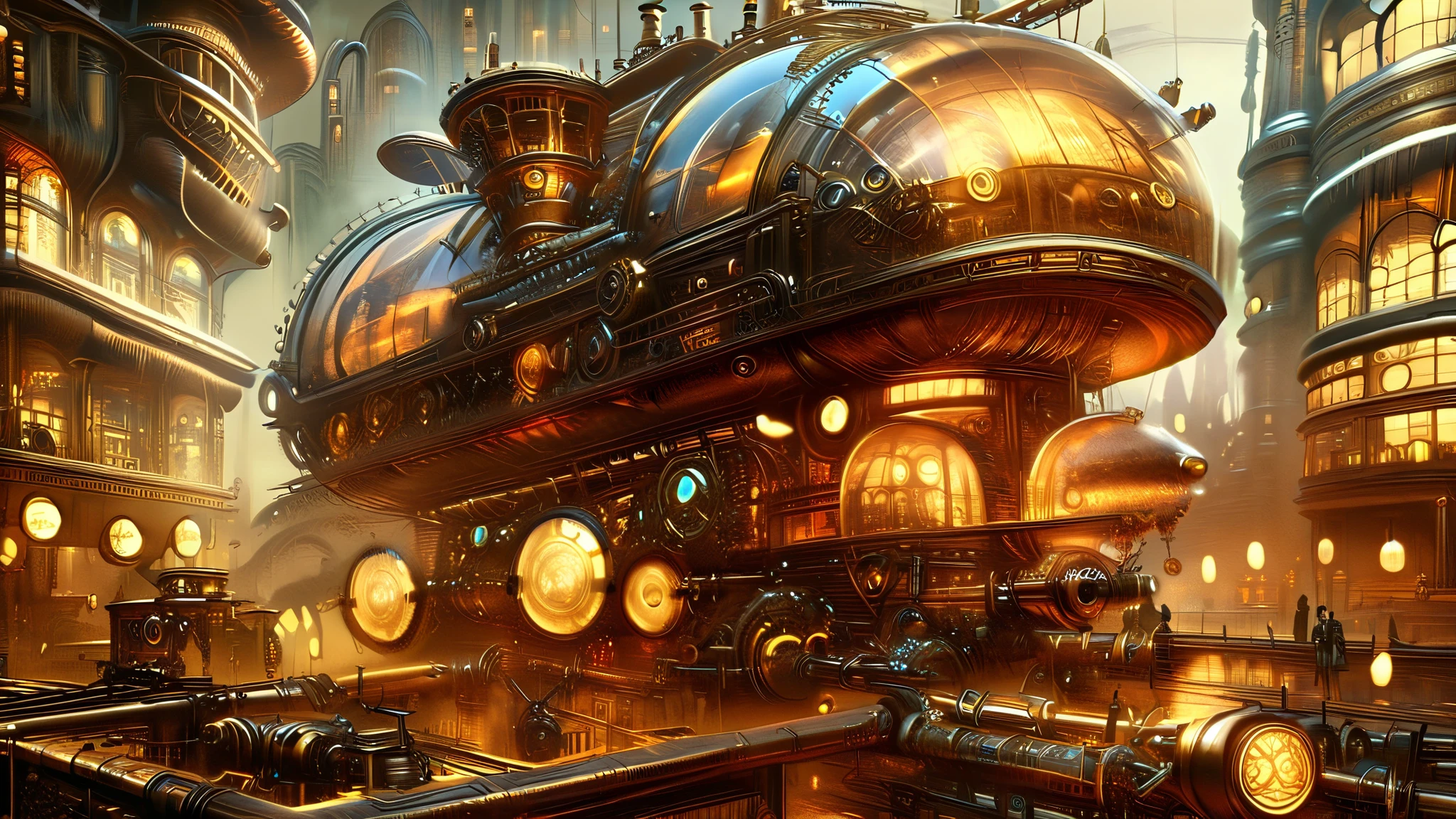 Steampunk community colony, big fictional device to produce water from vapor, big fictional device to collect assets from the earth