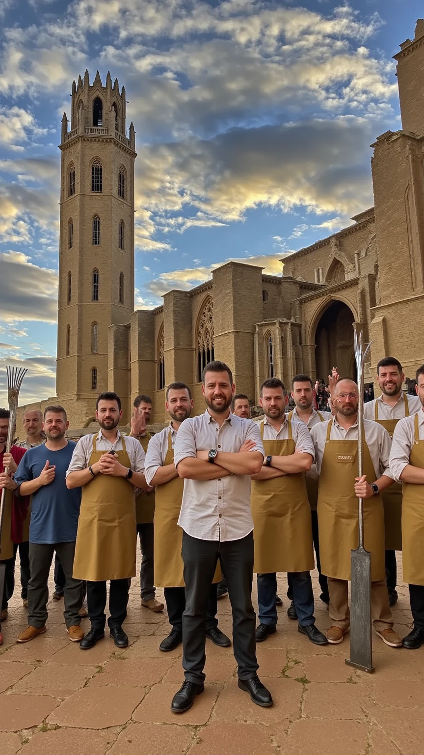 A hyper-realistic, cinematic scene of an army of men standing in front of the Cathedral of La Seu Vella, all wearing bibs and holding giant forks in their hands. The focus of the image is on one man in the front, arms crossed and smiling at the camera. The scene is full of detailed textures, capturing the grandeur of the cathedral and the dynamic energy of the men in the foreground, with realistic lighting and shadows.
