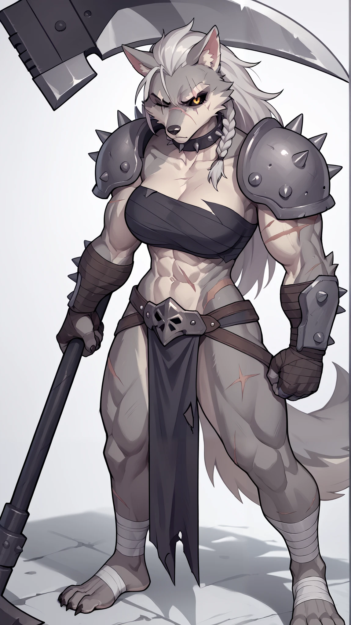 (black wolf), anthro, black fur, black, ((small bikini)), black, (underboob, under boob, cleavage), (wearing armor leggings), high detail, high resolution, raw photo, gray background, 1girl, solo, (huge massive breasts), high quality, hi res, sharp, detailed body, detailed, cartoony, ((looking at viewer)), angry, mad, muffin top, whole body, ((full body portrait)), far away, (((full body concept))), attack pose, battle pose, sword pose, ((holding sword)), Medieval, rpg, ((nipple outline)), (erect nipple), huge nipple, thick thighs