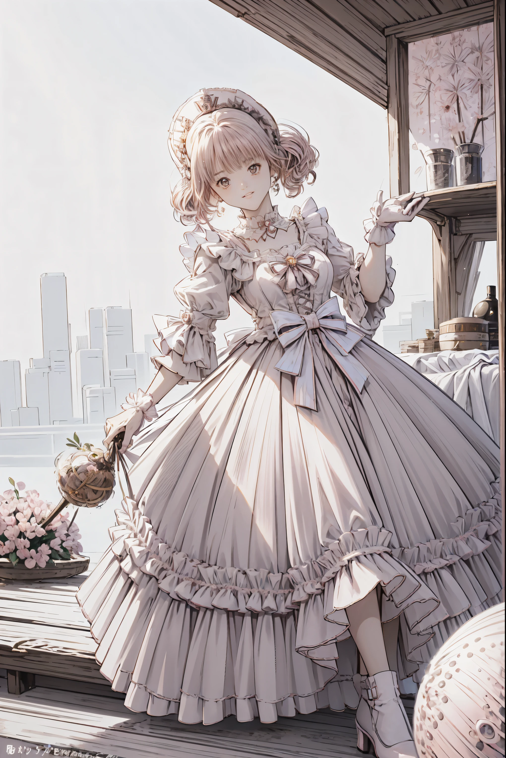 (Best Quality,4K, Hi-Res,masterpiece:1.2), several people having fun with each other while having very detailed ,Realistic:1.37,,(whole body, Shows Your Feet and Shoes: 1.2),、(( pink dress )), ultra-realistic photo of a girl in a stately light pink and gold ballroom dress, Big beautiful dress, Lots of frills and rhinestones、Intricate and voluminous ball gown (Best Quality, table top, Art Station , fantasy art:1.2), beautiful cute girl , ( long blonde curly hair :1.1), (Exquisite gold short skirt, whole bodyショット)、Anime Style、story、、 beautiful girls、very cute angel、 pink gothic dress 、cute、、smile、 long skirt、, black long boots、Best Quality, masterpiece, 最 Hi-Res, artwork , super それにGet used to it, many Get used to it, Get used to it, それにGet used to it, woman, ,(( pink victorian voluminous ball gown dress )), Long Dress, dress with lots of frills and ribbons .. with a tiara on her head ,luxury,1 person, Pink brown hair,Pink Eyes、Pink World,(A girl wearing a pink princess skirt), Pink Hair,pink bedroom layout,Pink Bed,Pink mosquito net,Pink furniture,pink color palette ,(tangled, Mandala, Tangle, enTangle:0.6),(Make art), Most Beautiful Chaotic Shape ,Beast Design,Behind, Pink High Heels , perfect hand ,