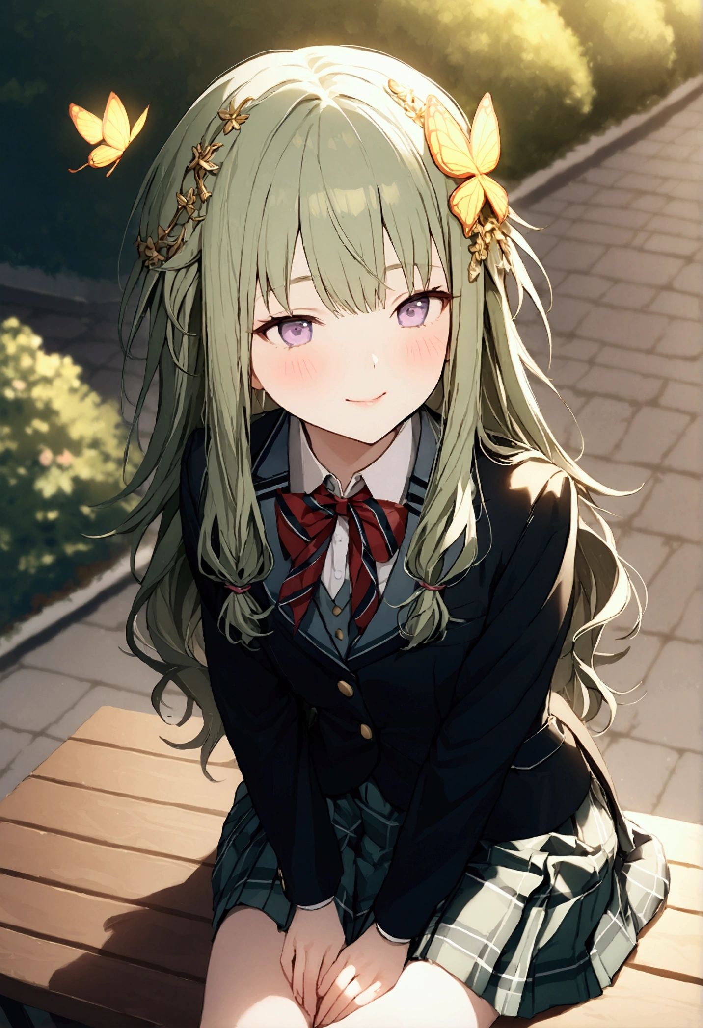 High image quality 、masterpiece、 High Quality  、Full HD、4K 、View from above、Kusanagi Nin々、Green long hair 、Yellow butterfly hair ornament、 purple eyes、slim、 high school uniform 、 smile、Blushing cheeks 、Place your hands on your knees、Red  on cheeks、 flat chest、Stretch your legs and show me 、 I'm wearing black loafers、 sitting on a park bench 、evening