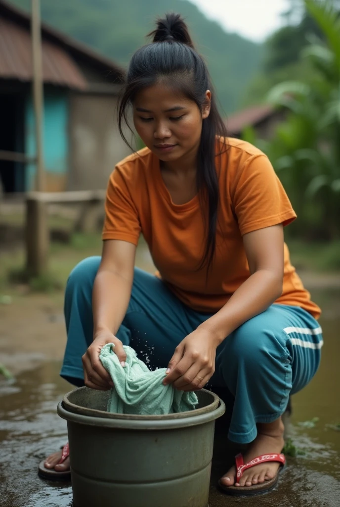 A young Burmese woman washing clothes by hands.