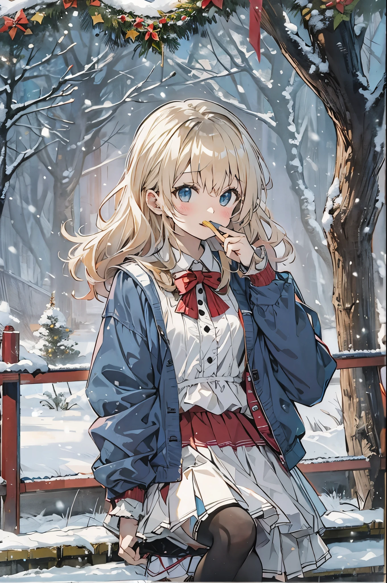 Alice Carteret,  detailed background with white knee-high ,  Cardigans , open  Cardigans , striped bow , Hair accessories,  Blue Pleated Skirt ,   white collared shirt、 Christmas服, Outdoor,  Christmas,snow ,  Cowboy Shooting, smile,  watching viewers,  open your mouth ,beautiful、