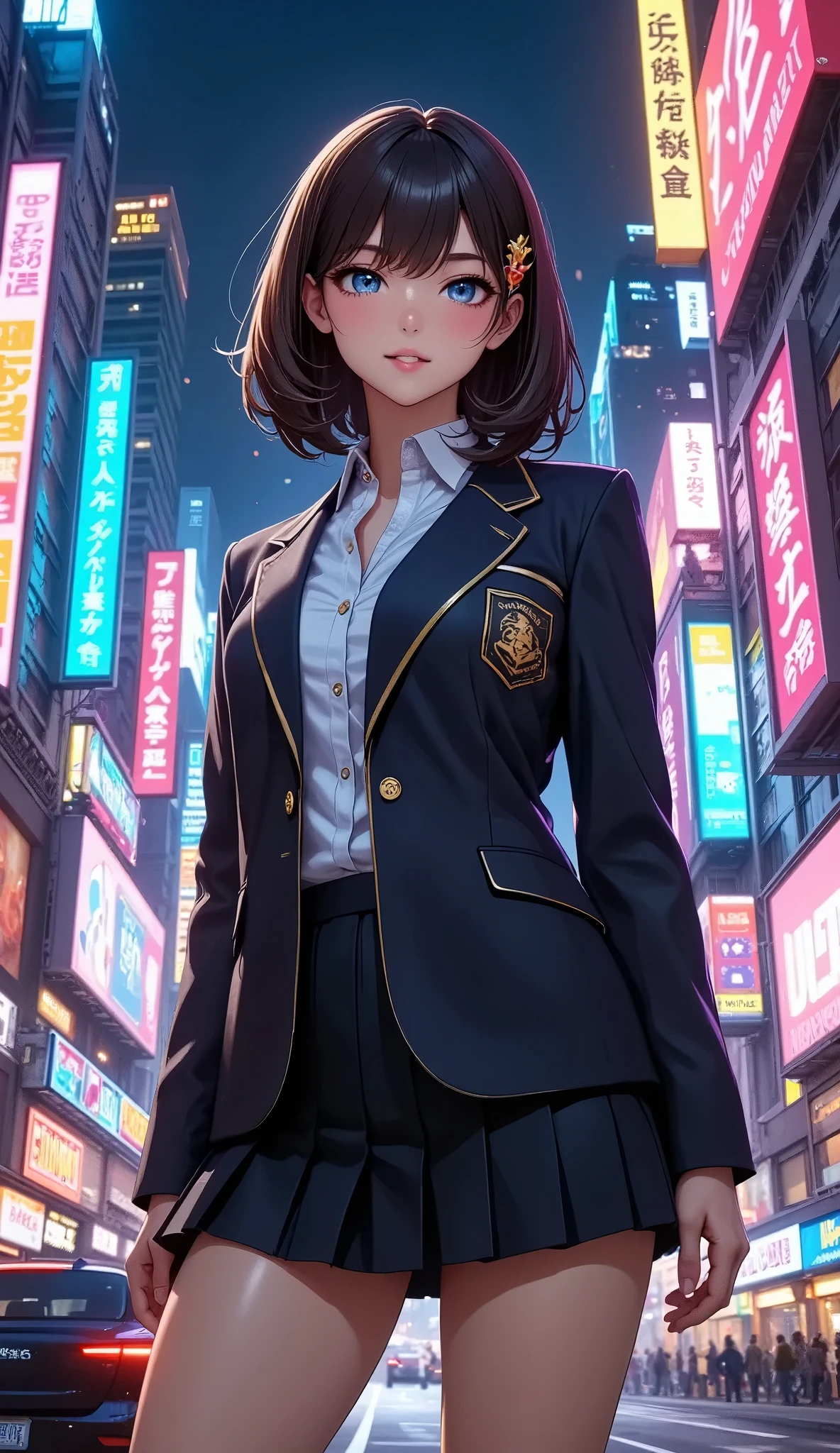  Beautiful School Girls Walking cheerfully through the streets of a city illuminated by neon lights、 Neon Reflects on the Skin 、 Atmospheric Neon Street Background 、 Dramatic Lighting 、 detailed facial features、 beautiful eyes、 long eyelashes 、((Detailed clothing、blazers、 plaid pleated skirt for high school students))、 Dynamic Poses、(Best Quality、4K、8k、 Hi-Res、masterpiece:1.2)、Super detailed、( Anime Style 、 photorealistic:1.2)、 cinematic lighting、Glowing neon sign、 Dynamic Motion Blur 、 bright color 、 Bustling Entertainment District 、Liberty City 、 Moody Atmosphere 