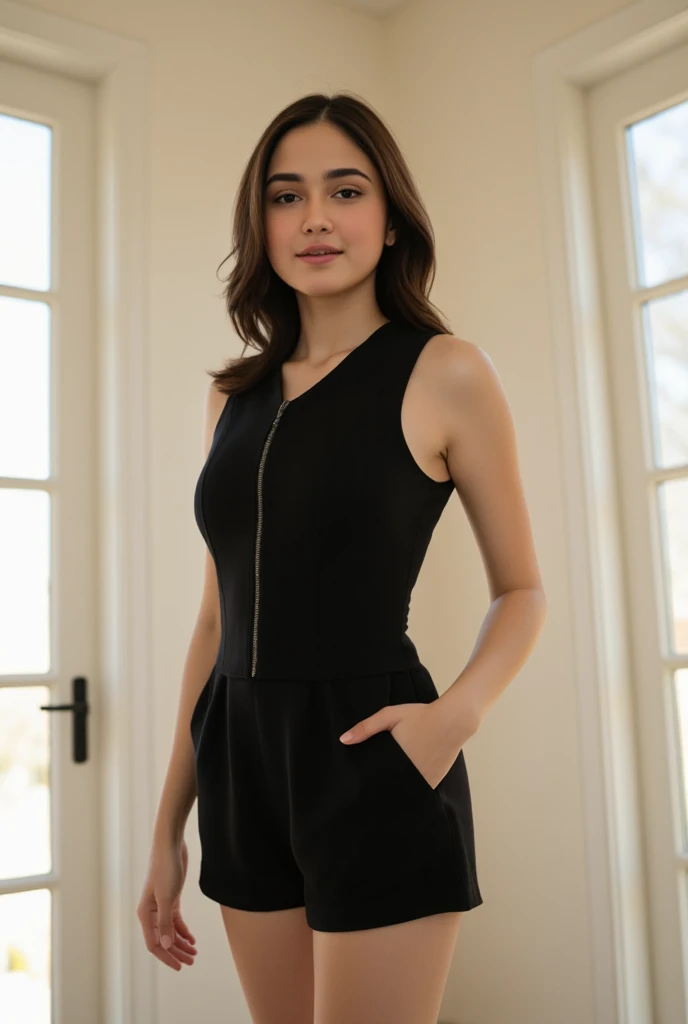 young woman in a romper. The romper is made of a black fabric material and has a zipper at the center of the chest. The background is blurred, but there are windows on the left and right.