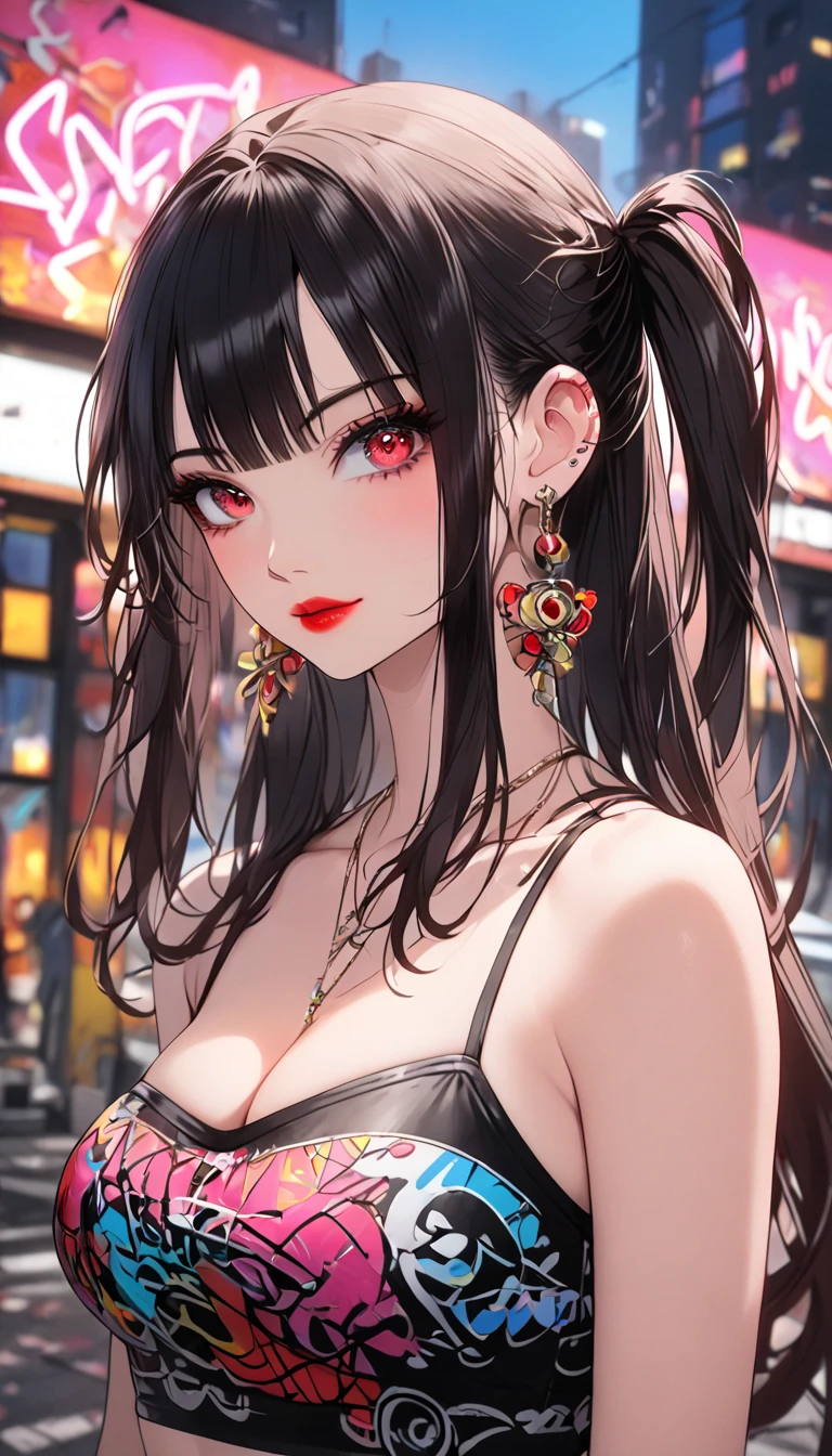 1girl, beautiful detailed eyes, beautiful detailed lips, hip-hop style outfit, street style fashion, urban city background, neon lights, vibrant colors, dynamic pose, graffiti art, cinematic lighting, , showing bare shoulders, cleavage,big breasts, 8k, high quality, cinematic, highly detailed, sharp focus,physically-based rendering,extreme detail description,professional,vivid colors,bokeh,portraits, long hair,hutao, long hair, bangs, brown hair, red eyes, hair between eyes, twintails, sidelocks, symbol-shaped pupils, makeup, lipstick, red lipstick, whole body, full body shot
