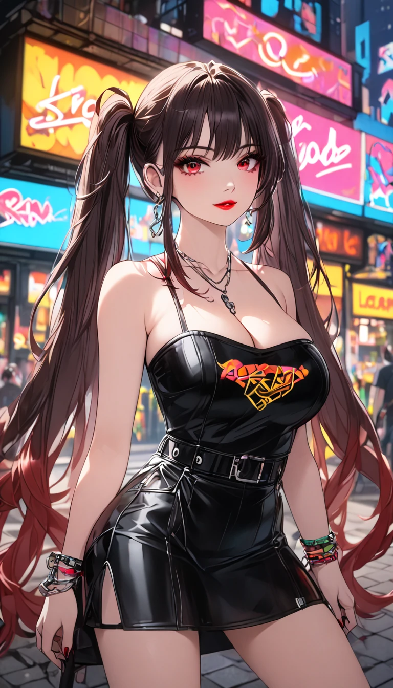 1girl, beautiful detailed eyes, beautiful detailed lips, hip-hop style outfit, street style fashion, urban city background, neon lights, vibrant colors, dynamic pose, graffiti art, cinematic lighting, , showing bare shoulders, cleavage,big breasts, 8k, high quality, cinematic, highly detailed, sharp focus,physically-based rendering,extreme detail description,professional,vivid colors,bokeh,portraits, long hair,hutao, long hair, bangs, brown hair, red eyes, hair between eyes, twintails, sidelocks, symbol-shaped pupils, makeup, lipstick, red lipstick, whole body, full body shot
