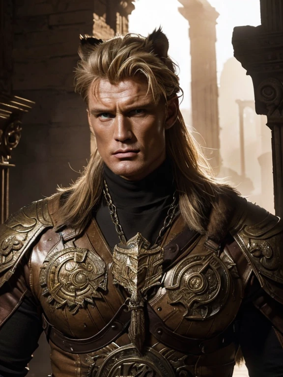 masterpiece, Best Quality,  Highly Detailed CG Unity 8K Wallpaper ,(Corridor of Ruins ), ((Upper body portrait)),  Dolph Lundgren, ( Tiger Beastman Swordsman ), Awards,  exquisite detail realism HDR,  photorealism,  hyperrealism, Ultra-realistic,  dramatic light ,  strong shadow  ,  Great views ,  written border depth 