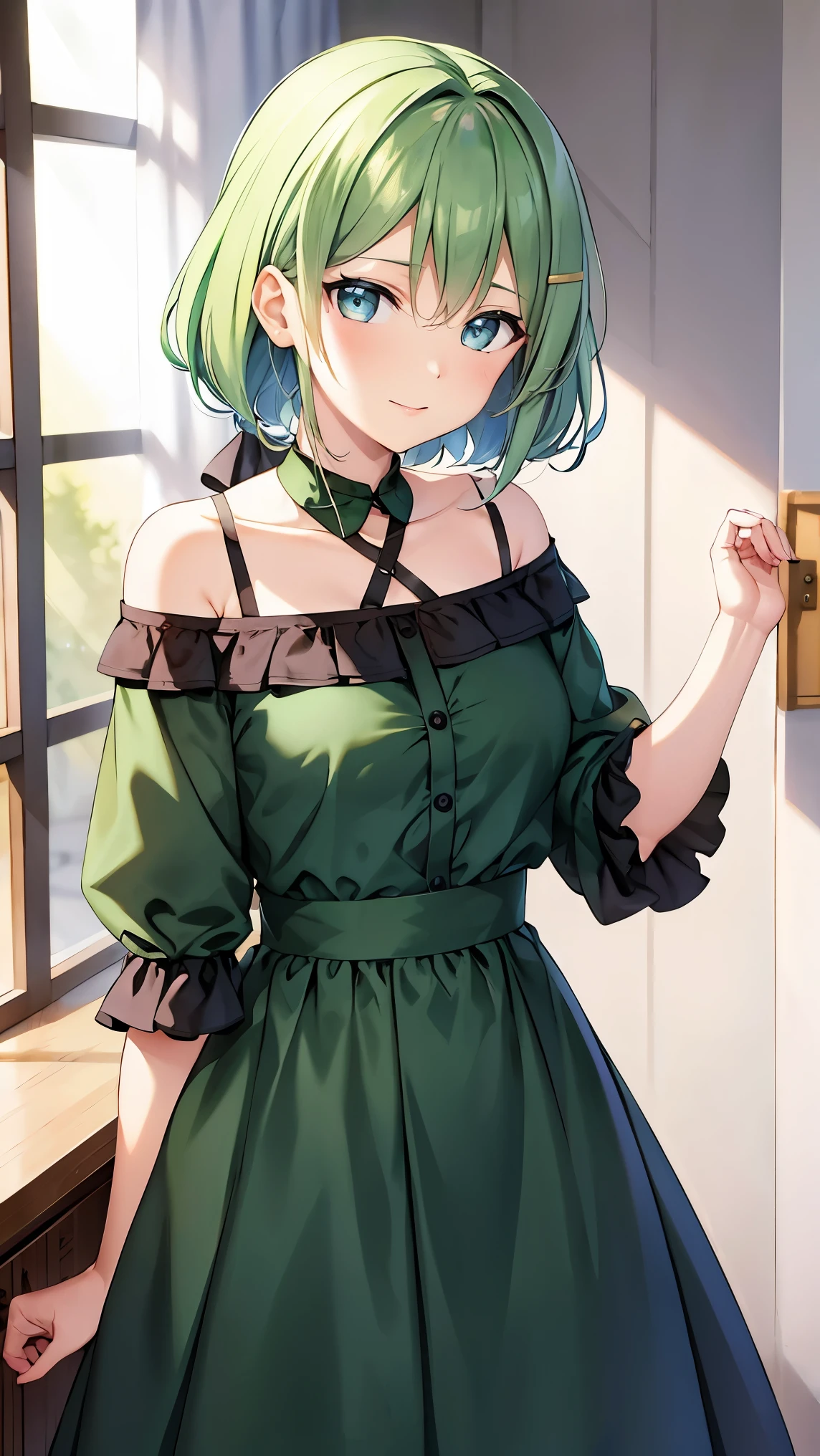shoulder-length green hair, small size breasts, Small breasts、Green Eyes, 、(((Ladylike))), full body from head to toe 、 Randomly create clothes, hairstyle, facial expressions, poses, locations, and backgrounds、 imaginary、Draw from a random angle 、Age is also random 、The physique is also random 、