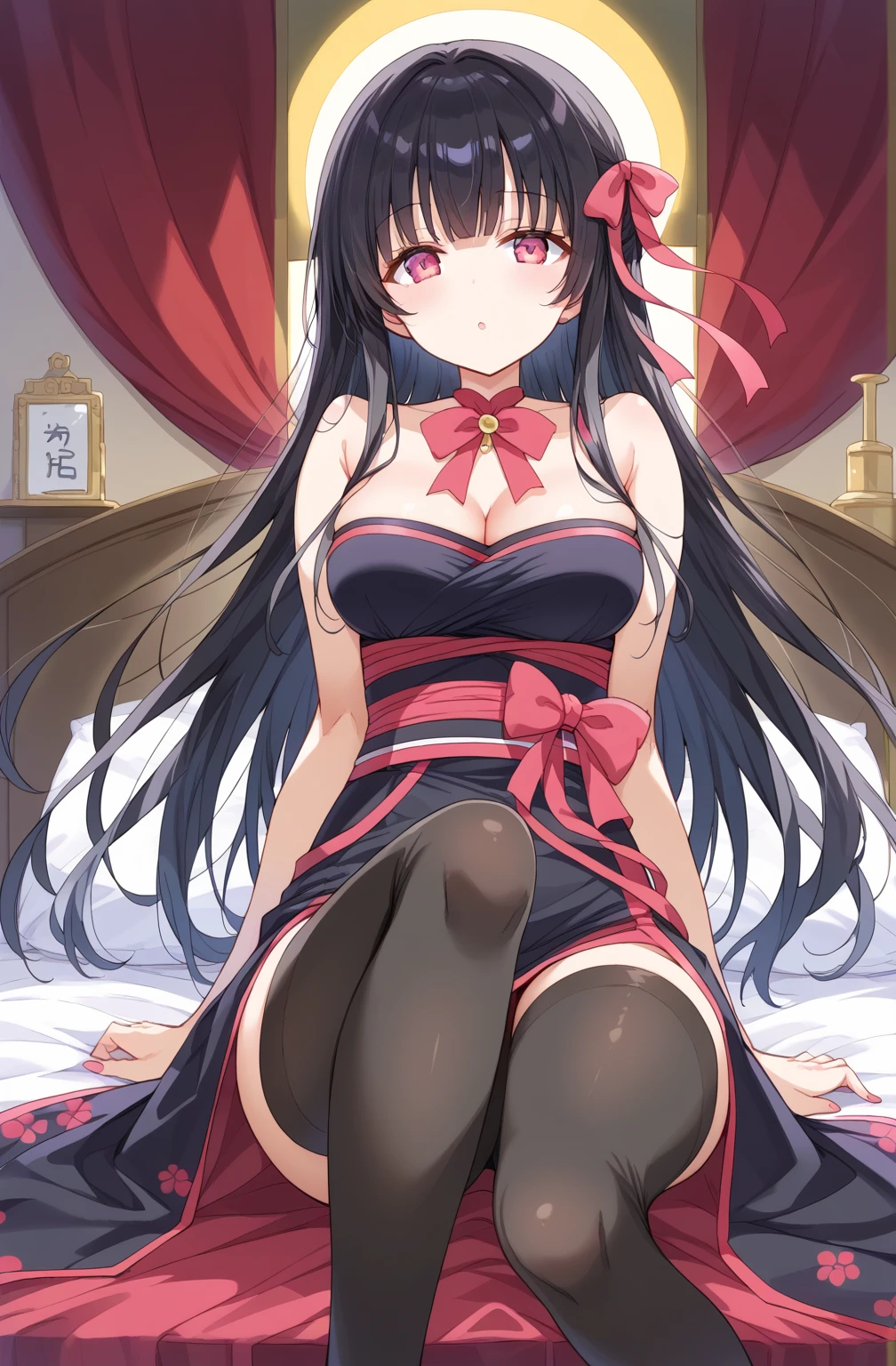 NSFW,Yuki Konno、Headband、Long Hair、Pointy Ears、Purple Hair、(Red Eye:1.5)、Black thigh-high socks,(Purple high leg:1.5),Embarrassed,blush,(Perfect hands),(Perfect Anatomy),(masterpiece),(highest quality),Fantasy,inn,bedroom