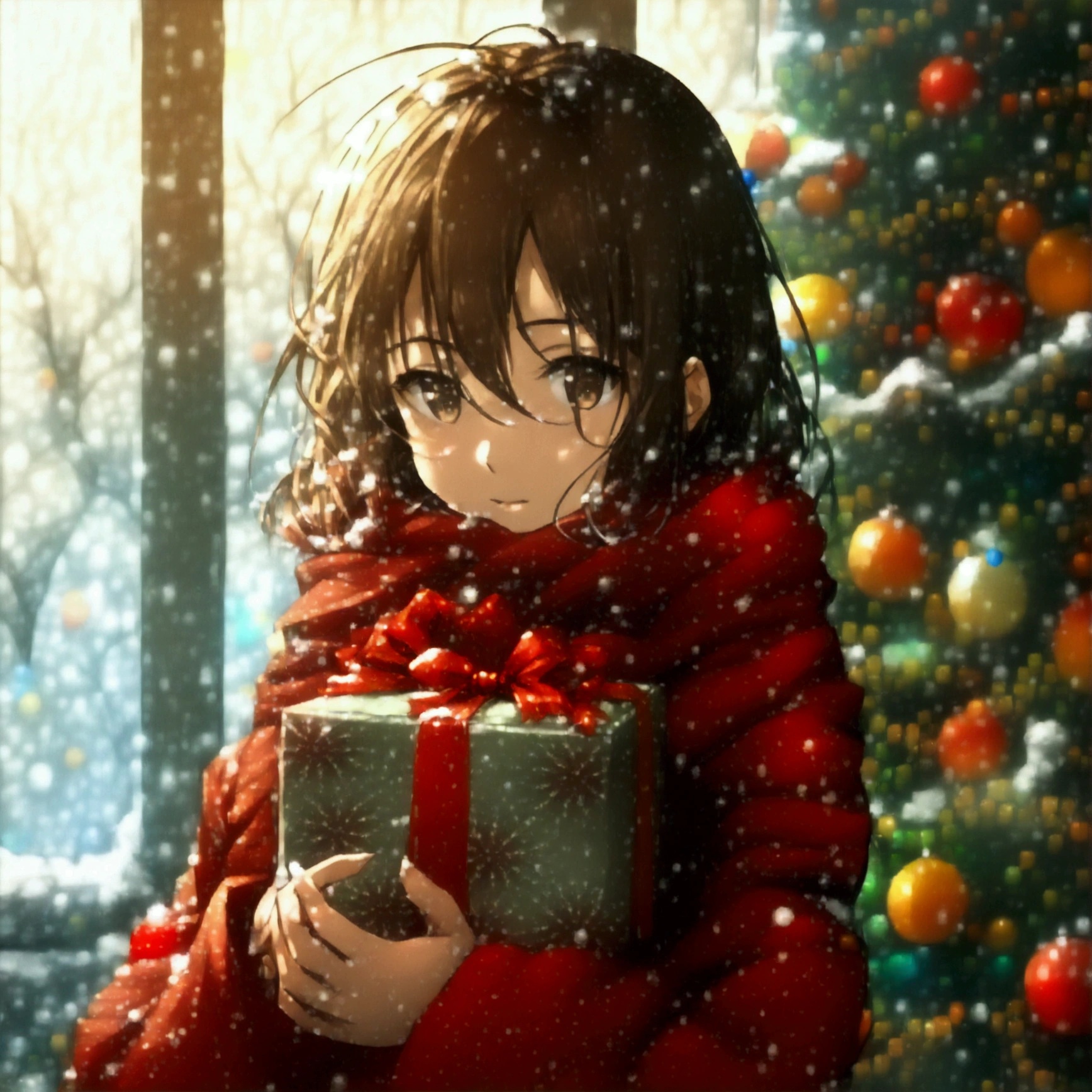 (Masterpiece, High Resolution, High Quality, Aesthetic: 1.2), (One beautiful woman), (Fractal Art: 2.0), Beautiful woman, holding a Christmas gift in her hand and holding it close to her face (hiding her mouth), Huge Christmas tree in the background (all over), (Shining: 1.2), (Blurred light 1.2) (blurred white: 1.2), close-up, beautiful winter landscape, snow falling (blurred white: 1.2), Christmas tree filling the screen, soft sunlight, cute illustration style