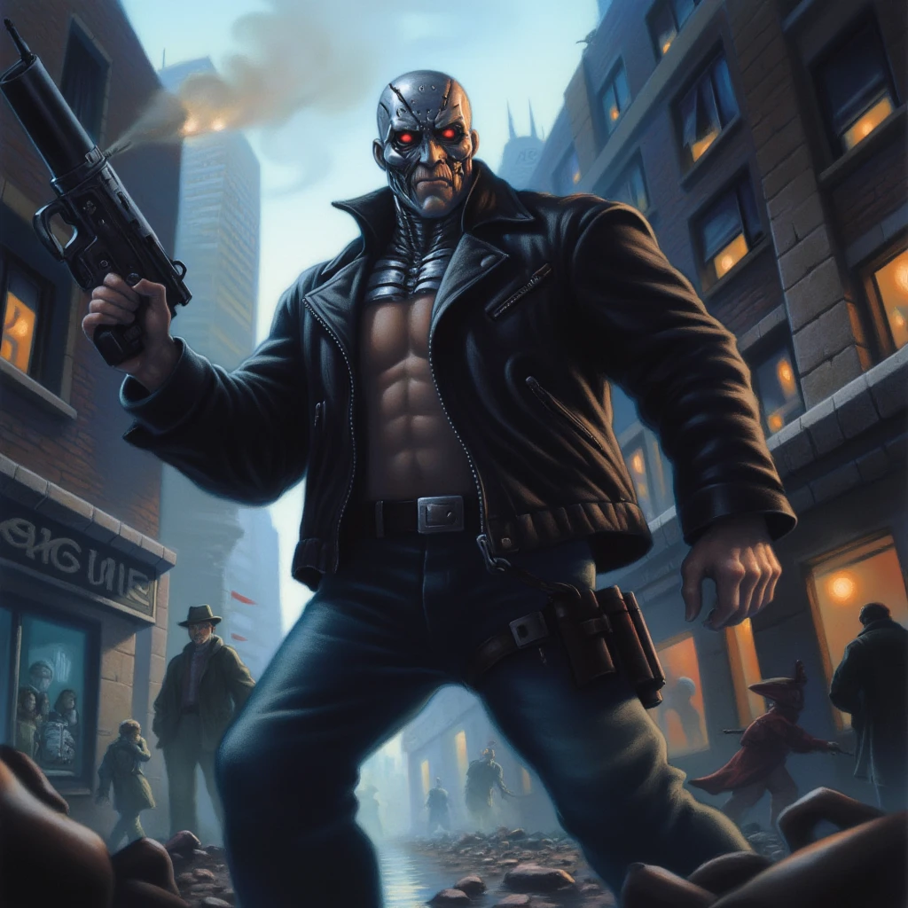 mrygp, A powerful and intense depiction of the Terminator, a muscular cyborg with a partially damaged face revealing metallic parts and glowing red eyes. He stands in a dark, dystopian cityscape, surrounded by smoke, rubble, and remnants of destruction. In one hand, he holds a large weapon, while his other hand is clenched in a fist, showcasing his formidable strength. His leather jacket and combat gear are worn and battle-scarred, adding to the gritty, apocalyptic atmosphere. His expression is cold and unyielding, as he stares forward with a determined, relentless gaze, embodying an unstoppable force.