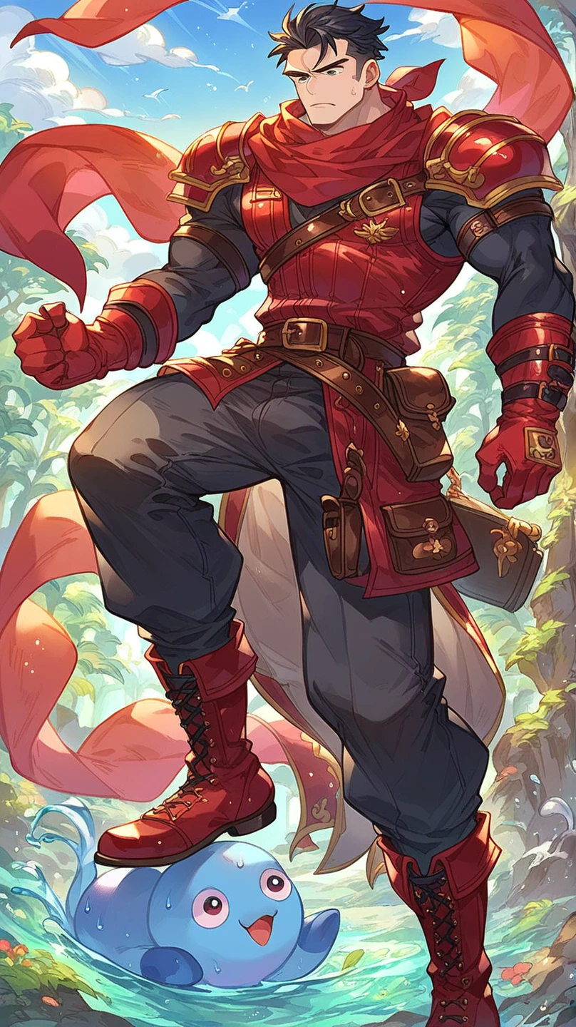 A boy .black hair. Red Scarf (Forehead ). Red Scarf. Fur Shoulder Guard . Red Leather Vest . Long Sleeve . Glove Armor . Heavy Belt . Knee Length Pants (Bow ). Red Leather Boots .Six abdominal muscles are exposed in the chest.Bandit. Robber Style . Background is Forest.whole body