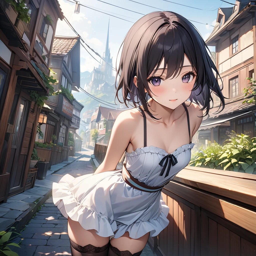 top-quality、​masterpiece、1girl in、Dark hair、Akame、White clothes、dress、look down on、upper body、light skinned、a short bob、underwear is showing、black panty
