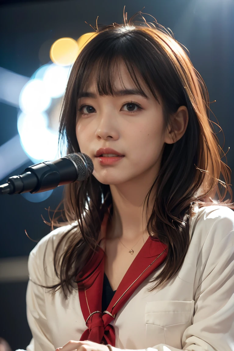 (( best quality)), ((masterpiece)), ( Details),32K, high res, photo realistic, (anatomically correct:1.1), break,a Japanese girl, top of beauty, fair skin, cat face, (mole under left eye:1.2), singing on stage, at hall, having microphone, wearing school uniform,19yo, bob hair, bangs, top idol, cool,(happy:1.2), (slender), (backlighting:1.2), cinematic lighting, (thigh focus:1.1)
