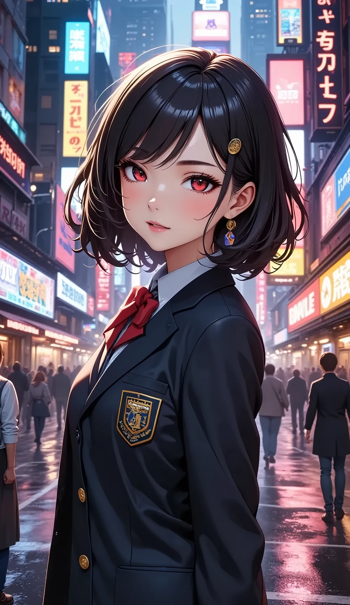  Beautiful School Girls Walking cheerfully through the streets of a city illuminated by neon lights、 Neon Reflects on the Skin 、 Atmospheric Neon Street Background 、 Dramatic Lighting 、 detailed facial features、 beautiful eyes、 long eyelashes 、((Detailed clothing、blazers、 plaid pleated skirt for high school students))、 Dynamic Poses、(Best Quality、4K、8k、 Hi-Res、masterpiece:1.2)、Super detailed、( Anime Style 、 photorealistic:1.2)、 cinematic lighting、Glowing neon sign、 Dynamic Motion Blur 、 bright color 、 Bustling Entertainment District 、Liberty City 、 Moody Atmosphere 