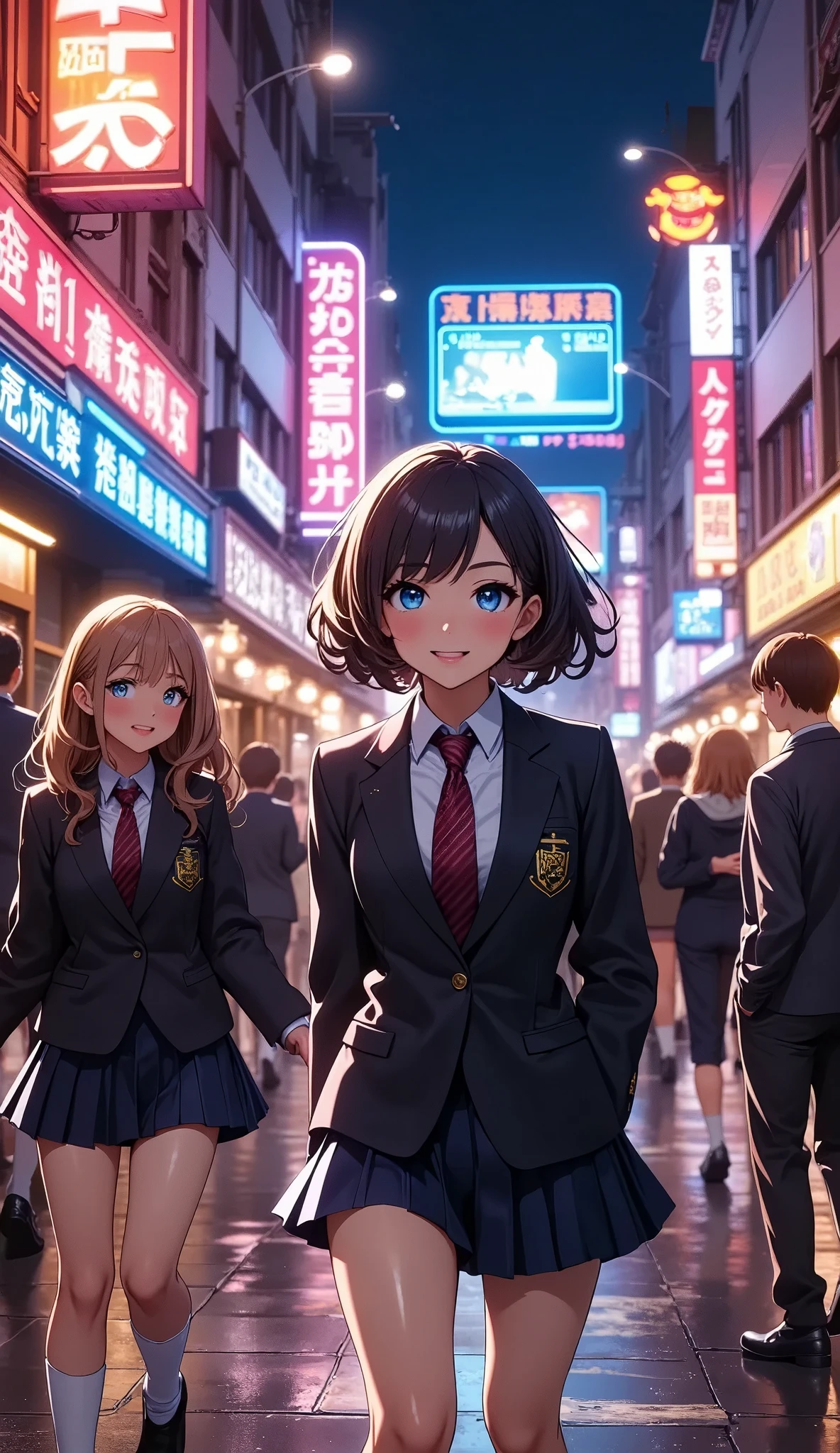  Beautiful School Girls Walking cheerfully through the streets of a city illuminated by neon lights、 Neon Reflects on the Skin 、 Atmospheric Neon Street Background 、 Dramatic Lighting 、 detailed facial features、 beautiful eyes、 long eyelashes 、((Detailed clothing、blazers、 plaid pleated skirt for high school students))、 Dynamic Poses、(Best Quality、4K、8k、 Hi-Res、masterpiece:1.2)、Super detailed、( Anime Style 、 photorealistic:1.2)、 cinematic lighting、Glowing neon sign、 Dynamic Motion Blur 、 bright color 、 Bustling Entertainment District 、Liberty City 、 Moody Atmosphere 