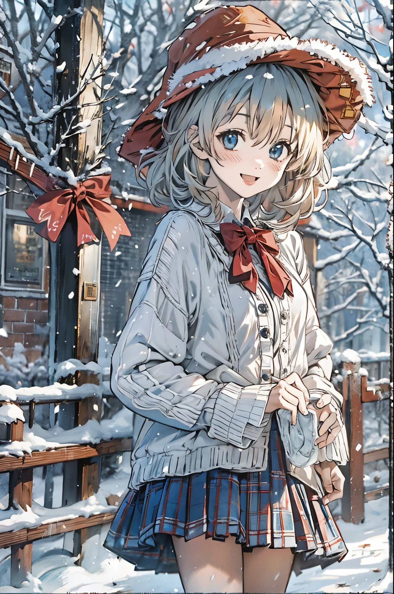Alice Carteret, detailed background with white knee-high , Cardigans , open Cardigans , striped bow , Hair accessories, Blue Pleated Skirt , white collared shirt、赤い Christmas服, Outdoor, Christmas 、 Cowboy Shooting, smile, watching viewers, Smiling Kindly, Christmasツリー、Snow is falling、