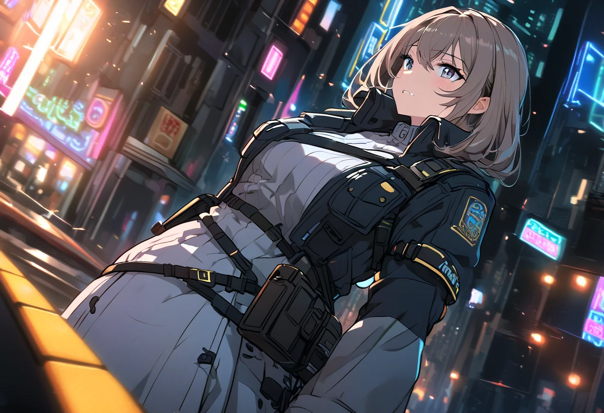 A female police officer patrolling the downtown area at night when the neon lights shine brightly gets entangled by drunkenness