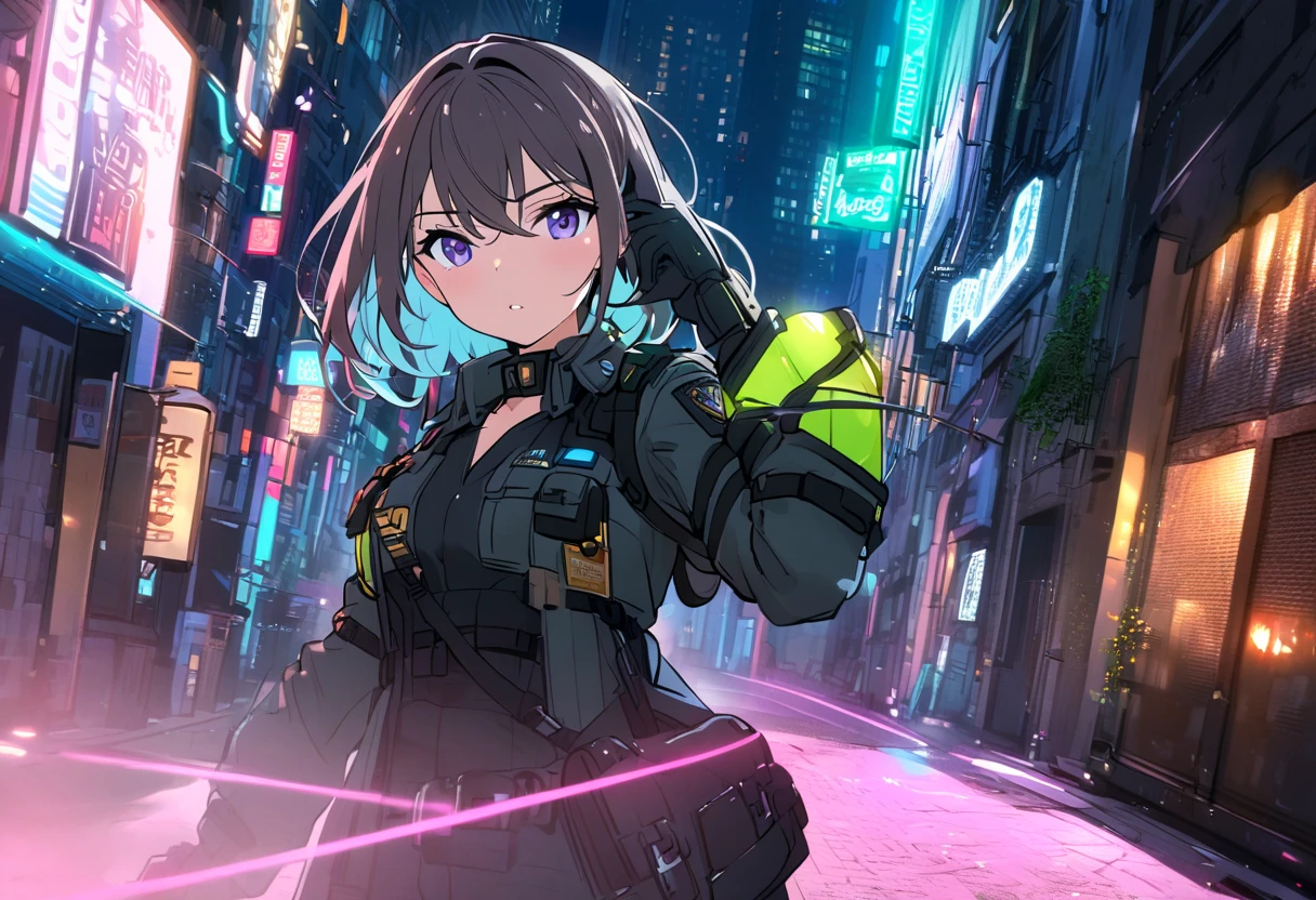 A female police officer patrolling the downtown area at night when the neon lights shine brightly gets entangled by drunkenness