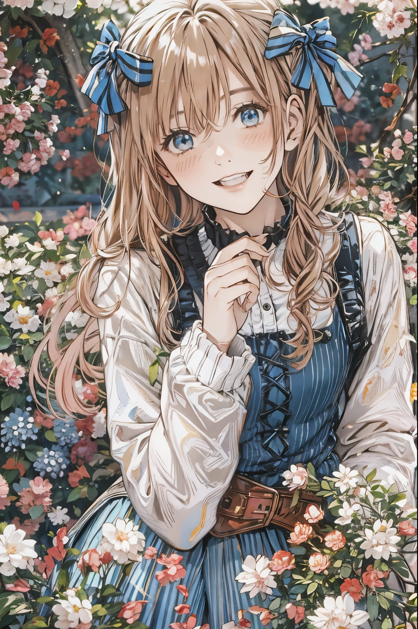 Alice Carteret, detailed background with white knee-high , Cardigans , open Cardigans , striped bow , Hair accessories, Blue Pleated Skirt , white collared shirt, Outdoor, evening, Cowboy Shooting, smile, watching viewers, gently, The Petals Dance、Flower Garden、