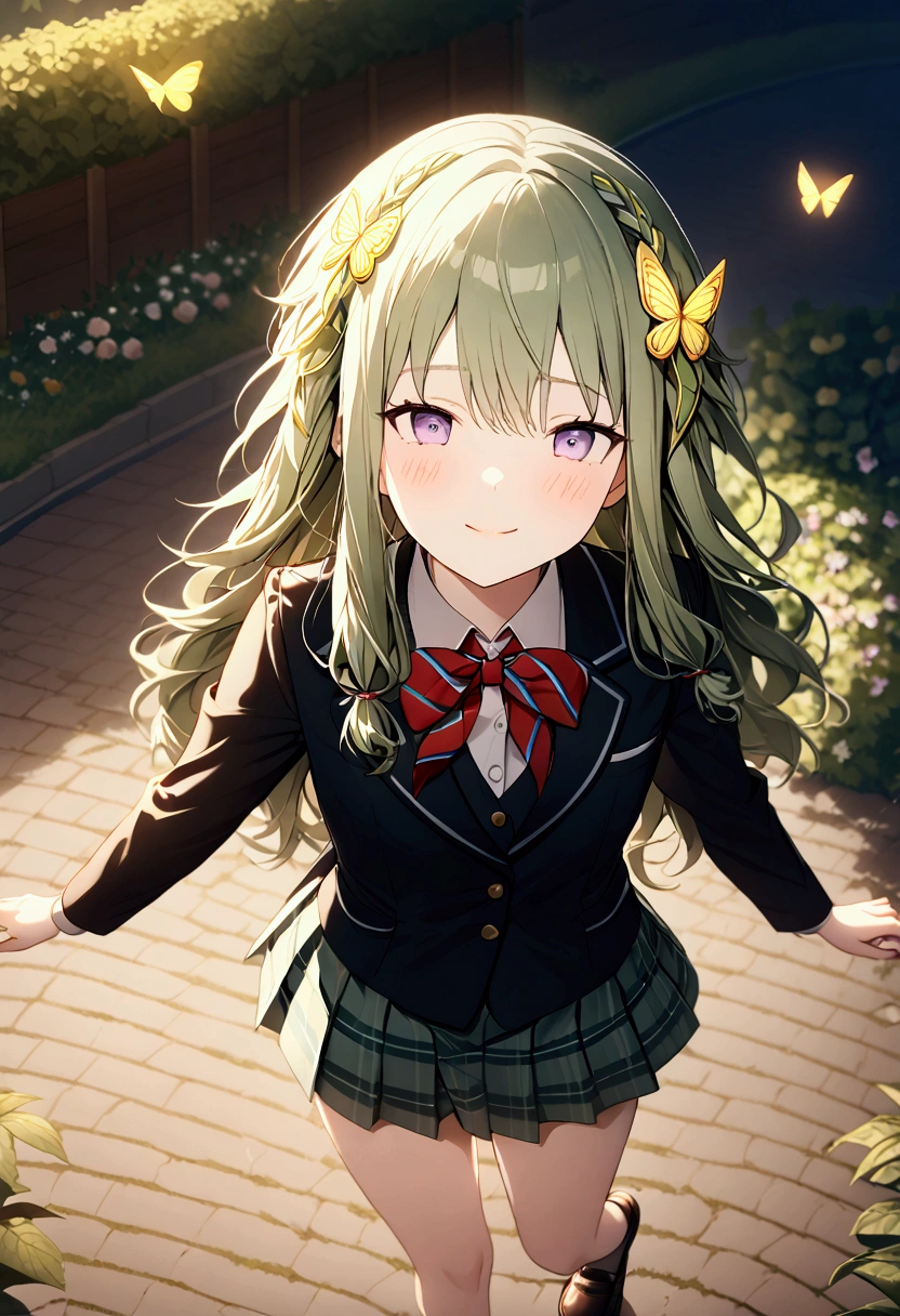 High image quality 、masterpiece、 High Quality  、Full HD、4K 、View from above、Kusanagi Nin々、Green long hair 、Yellow butterfly hair ornament、 purple eyes、slim、 high school uniform 、 smile、Blushing cheeks 、Stretch your arms、Red  on cheeks、 flat chest、Stretch your legs and show me 、 wearing black loafers、Dancing in the park 、evening