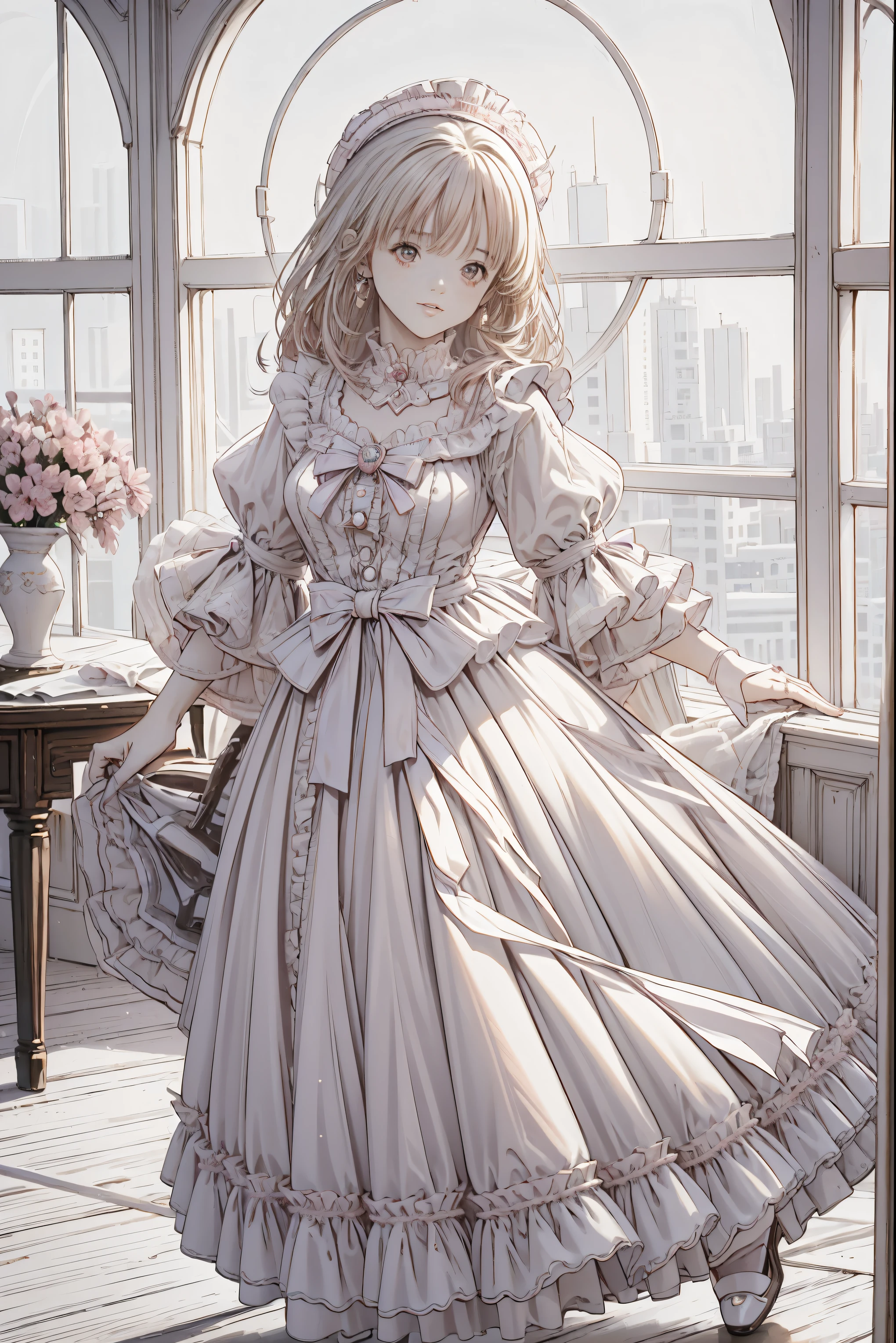 (Best Quality,4K, Hi-Res,masterpiece:1.2), several people having fun with each other while having very detailed ,Realistic:1.37,,(whole body, Shows Your Feet and Shoes: 1.2),、(( pink dress )), ultra-realistic photo of a girl in a stately light pink and gold ballroom dress, Big beautiful dress, Lots of frills and rhinestones、Intricate and voluminous ball gown (Best Quality, table top, Art Station , fantasy art:1.2), beautiful cute girl , ( long blonde curly hair :1.1), (Exquisite gold short skirt, whole bodyショット)、Anime Style、story、、 beautiful girls、very cute angel、 pink gothic dress 、cute、、smile、 long skirt、, black long boots、Best Quality, masterpiece, 最 Hi-Res, artwork , super それにGet used to it, many Get used to it, Get used to it, それにGet used to it, woman, ,(( pink victorian voluminous ball gown dress )), Long Dress, dress with lots of frills and ribbons .. with a tiara on her head ,luxury,1 person, Pink brown hair,Pink Eyes、Pink World,(A girl wearing a pink princess skirt), Pink Hair,pink bedroom layout,Pink Bed,Pink mosquito net,Pink furniture,pink color palette ,(tangled, Mandala, Tangle, enTangle:0.6),(Make art), Most Beautiful Chaotic Shape ,Beast Design,Behind, Pink High Heels , perfect hand ,
