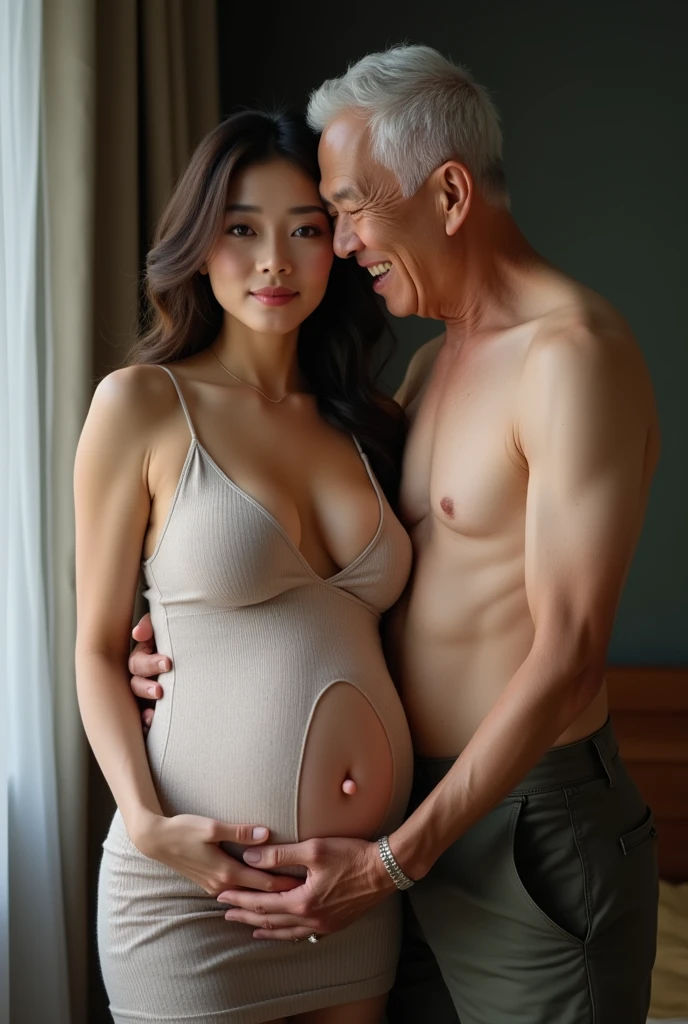 a pregnant young girl, big breasts, doesn't wear underwear, hug by old man, in front of the door