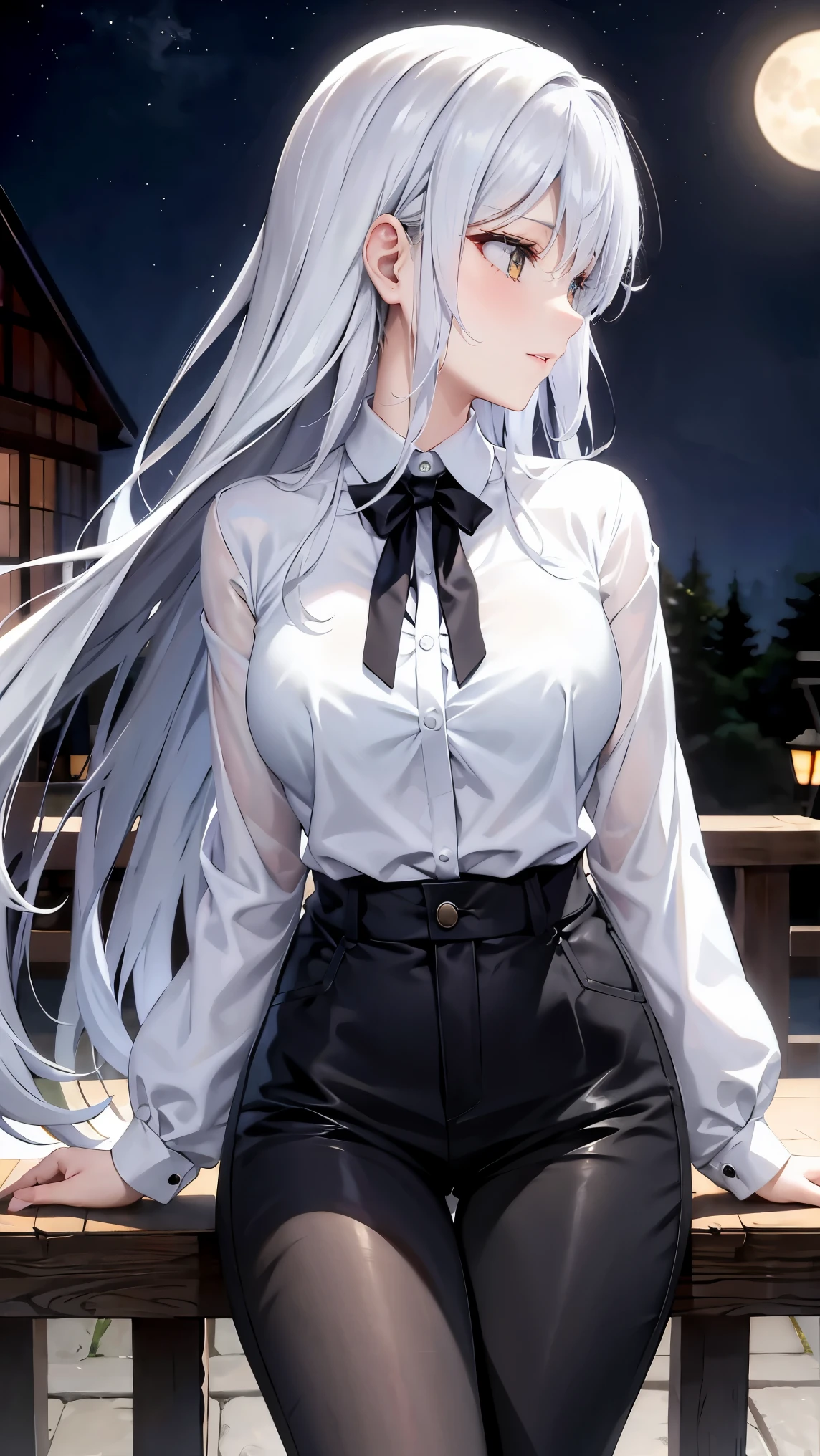 long silver hair 、 tension as the inner color for long hair, yellow eyes , Moonlight、 moonlight、、、, full body composition from head to toe、Chuckle、Older sister、Sexy Fashion、blouse、Belly button exposed、Tapered trousers、Night Beauty、A fearless face、Yamato Nadeshiko、Karate Kata、A dignified woman、 slender、Bodyline、Japanese beauty、Looking up at the moon、profile