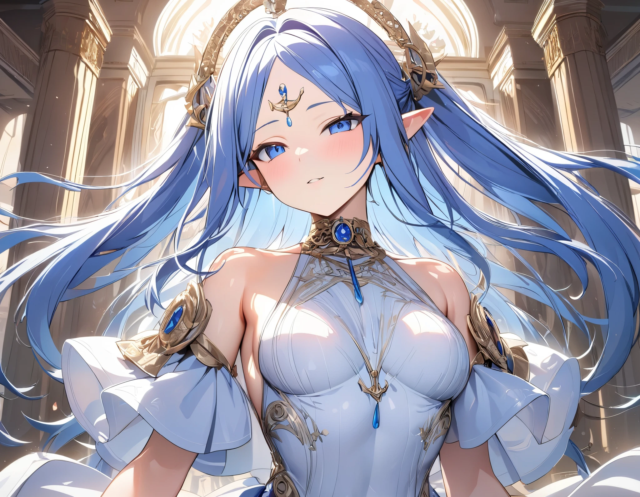 (((Best quality, 8k, Masterpiece: 1.3)), ((best quality)), ((masterpiece)), (detailed), perfect face, perfect body, (detailed skin:1.3), (intricate details), blue hair, ((hair slicked back)), forehead jewel, pointy ears, anchor choker, ray tracing, Royal Palace, Magnificent Dress, cowboy shot