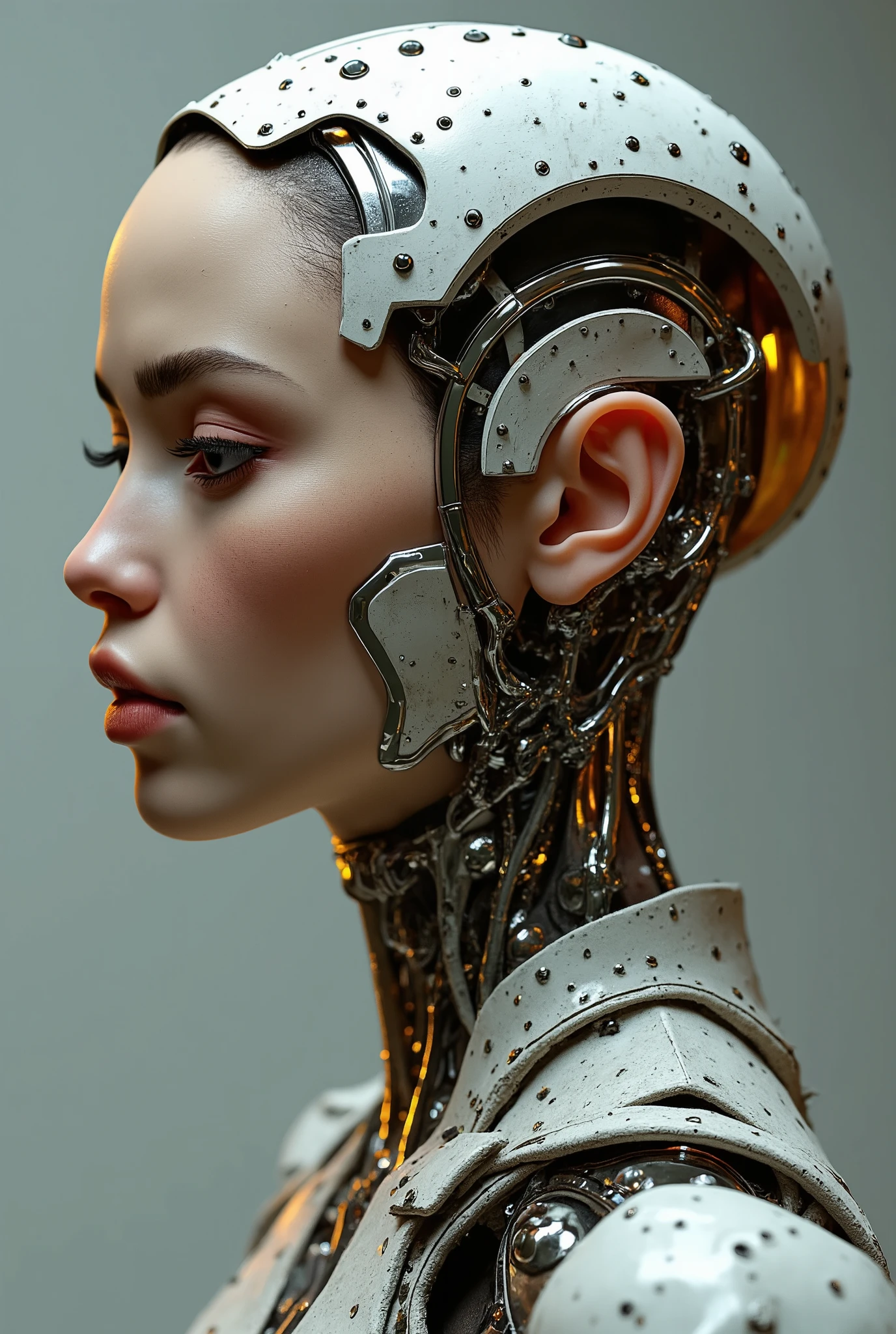 a beautiful cyborg woman, Best quality, high quality, absurdity, masterpiece, Beautiful, complex parts, 1/2 body trimmings, slender body, Beautiful figure, Magnificent Anatomy, (complex parts:1.12), HDR, (complex parts, hyperdetailing:1.15), (natural skin textures, hyperrealistic, soft light, spicy:1.2)