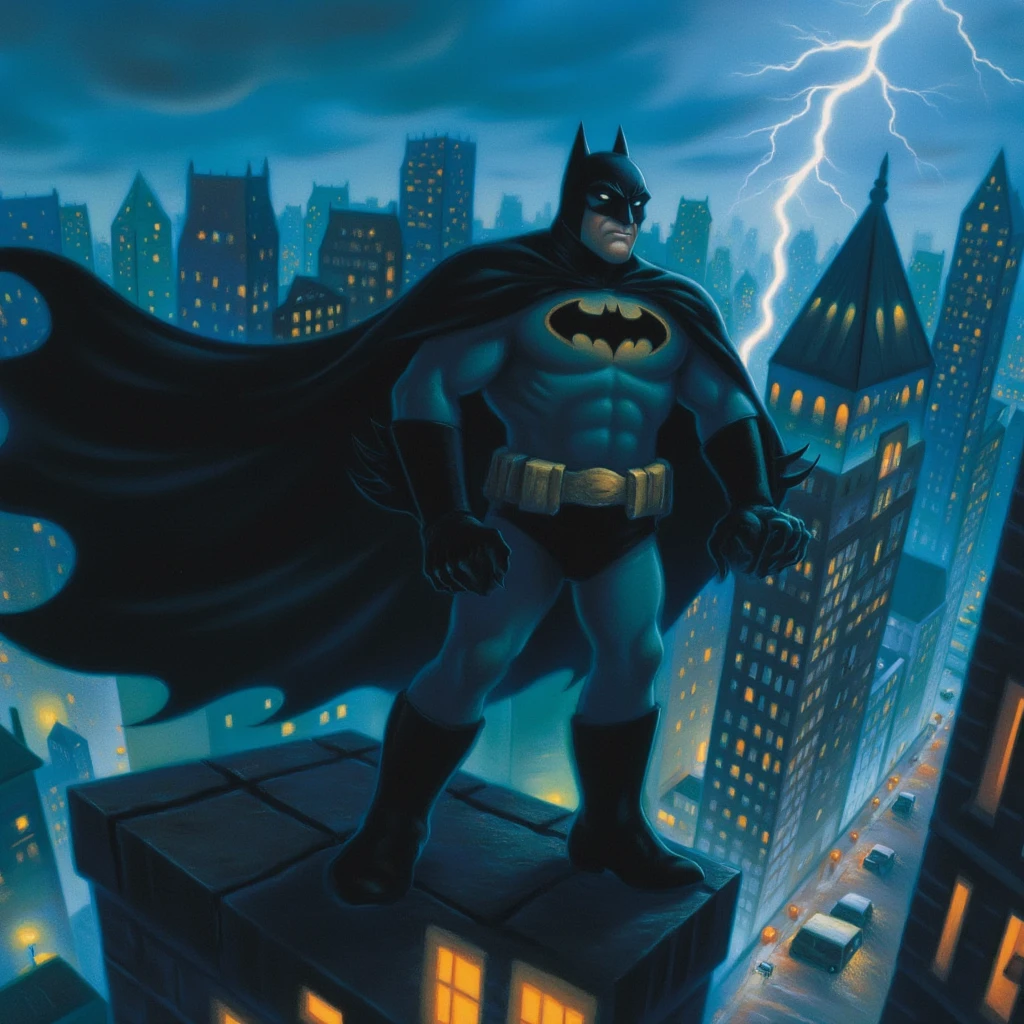 mrygp, Batman stands on the edge of a tall Gotham City skyscraper, his dark cape billowing in the wind as rain pours down around him. The city’s neon lights and searchlights cast a moody glow, illuminating his silhouette against the stormy night sky. His expression is intense and focused as he surveys the streets below, watching for any sign of danger. Lightning flashes behind him, briefly revealing his iconic bat symbol emblazoned on his chest. One hand rests on his utility belt, ready to spring into action at a moment’s notice, embodying the vigilant protector of Gotham.