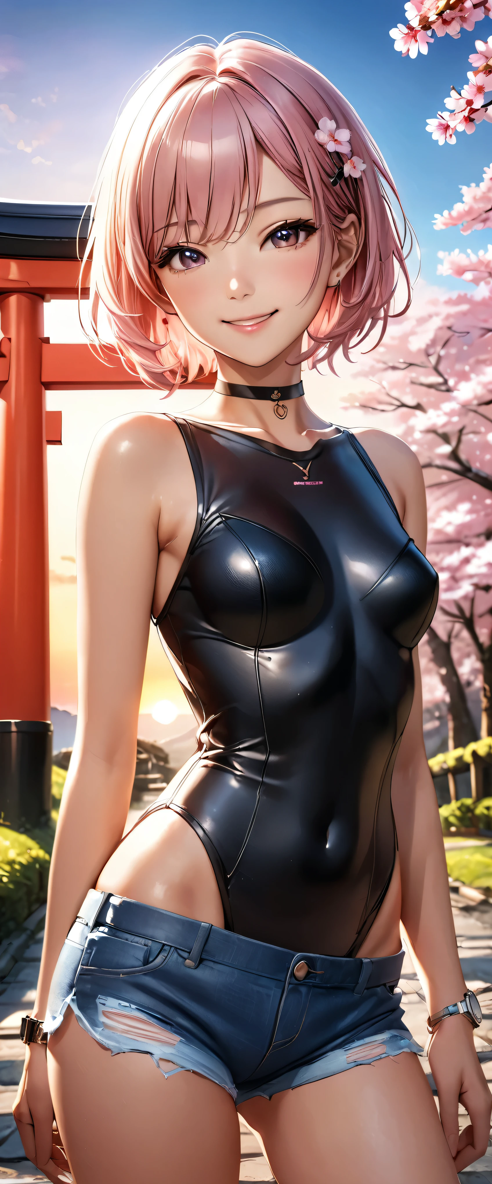 Best Quality,  super high definition, (Realistic:1.4), One person,, Small breasts,,  black choker, smile, Exposing shoulders, Focus Only,  watch viewers,Fair skin,sunset,cherry blossoms, Photon Mapping ,  physical based rendering,  RAW Photos,  highly detailed backgrounds , K-pop idol, Depth of Field ,torii,cherry blossoms,Hair accessories, detailed face, pubic skin,Game CG,whole body, Micro Shorts,v line bodysuit, short hair