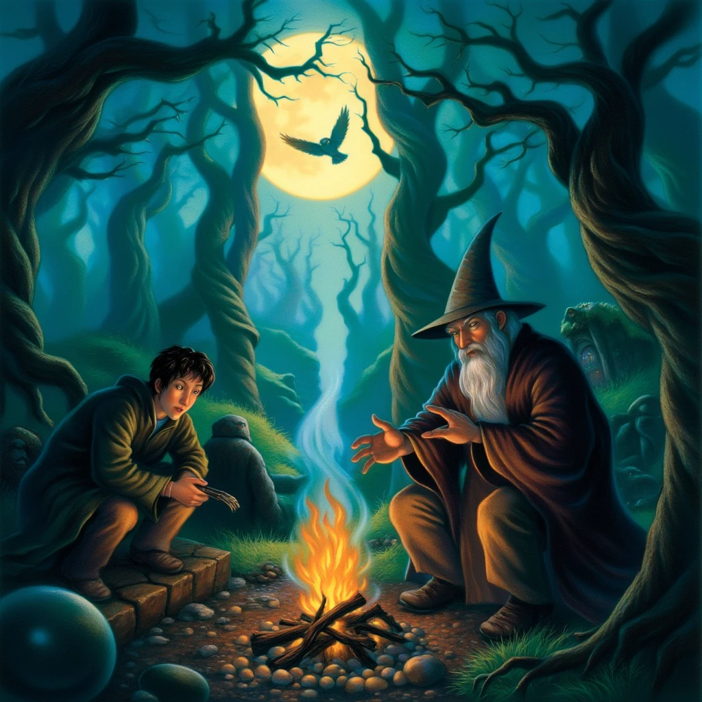 mrygp, Gandalf and Frodo sit together by a small, crackling campfire in the heart of a dense, ancient forest. Gandalf, with his long grey beard and pointed hat, leans forward, speaking in a low, reassuring voice, his eyes filled with wisdom and warmth as he gazes at Frodo. Frodo listens intently, clutching the One Ring close to his chest, his face a mixture of awe and worry. The forest around them is shrouded in mist, with towering trees casting long shadows under the moonlight, creating an atmosphere of mystery and quiet tension. In the background, the soft hoot of an owl echoes, emphasizing the stillness and isolation of their journey. The scene feels both intimate and monumental, a quiet moment of guidance and friendship amidst the peril of their quest.