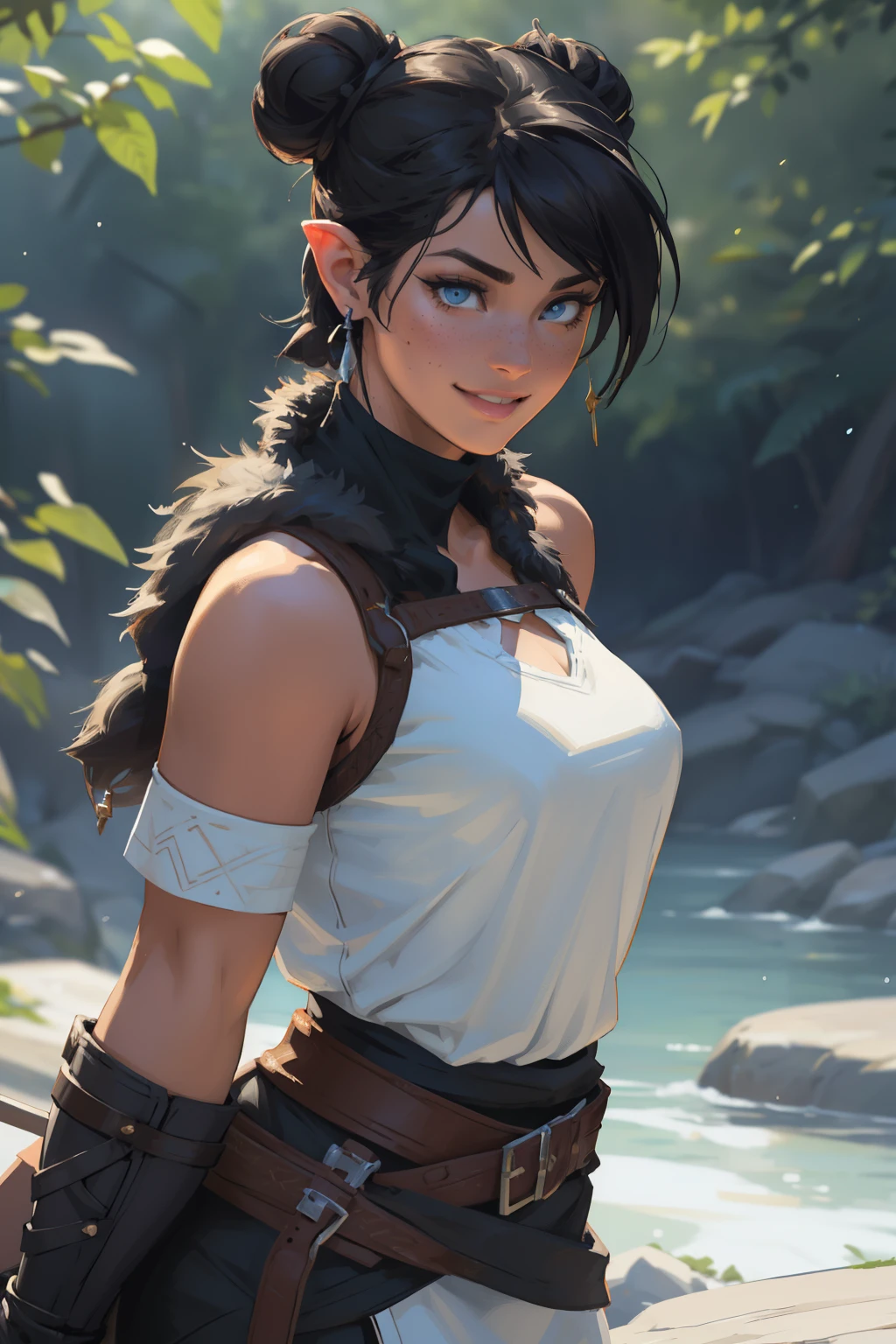 Korra da avatar,(best quality, 4K,8k,high resolution,work of art:1.2)(weather: showing), tundra background, artic village, wide hips, long curly hair, brown hair, freckles, sleeveless crop top, fur belt, bodycon winter skirt, leggings, winter boots, elbow long gloves, light makeup, dark eyeliner, blush, flirting pose, earrings, glowing eyes, ultra detailed, portrait, realistic, beautiful detailed blue eyes, beautiful detailed lips, extremely detailed eye and face, long eyelashes,average, large breasts, flying hair, beaming smile, sexy smile, powerful girl, bright coloured, dramatic lighting, blue flames, masterpiece, highres, photorealistic, real, Real photo, best quality, 8k, best quality, realistic, ultra-detailed, perfect lighting, cinematic lighting, warm light, female, solo, looking at viewer, wide shot, happy face, ultra detailed skin, ciri_, medieval, outdoors, cleavage, longsword, green eyes, magic, LAUFEN, SHORT HAIR, DOUBLE BUN, BLUNT BANGS, Laofen