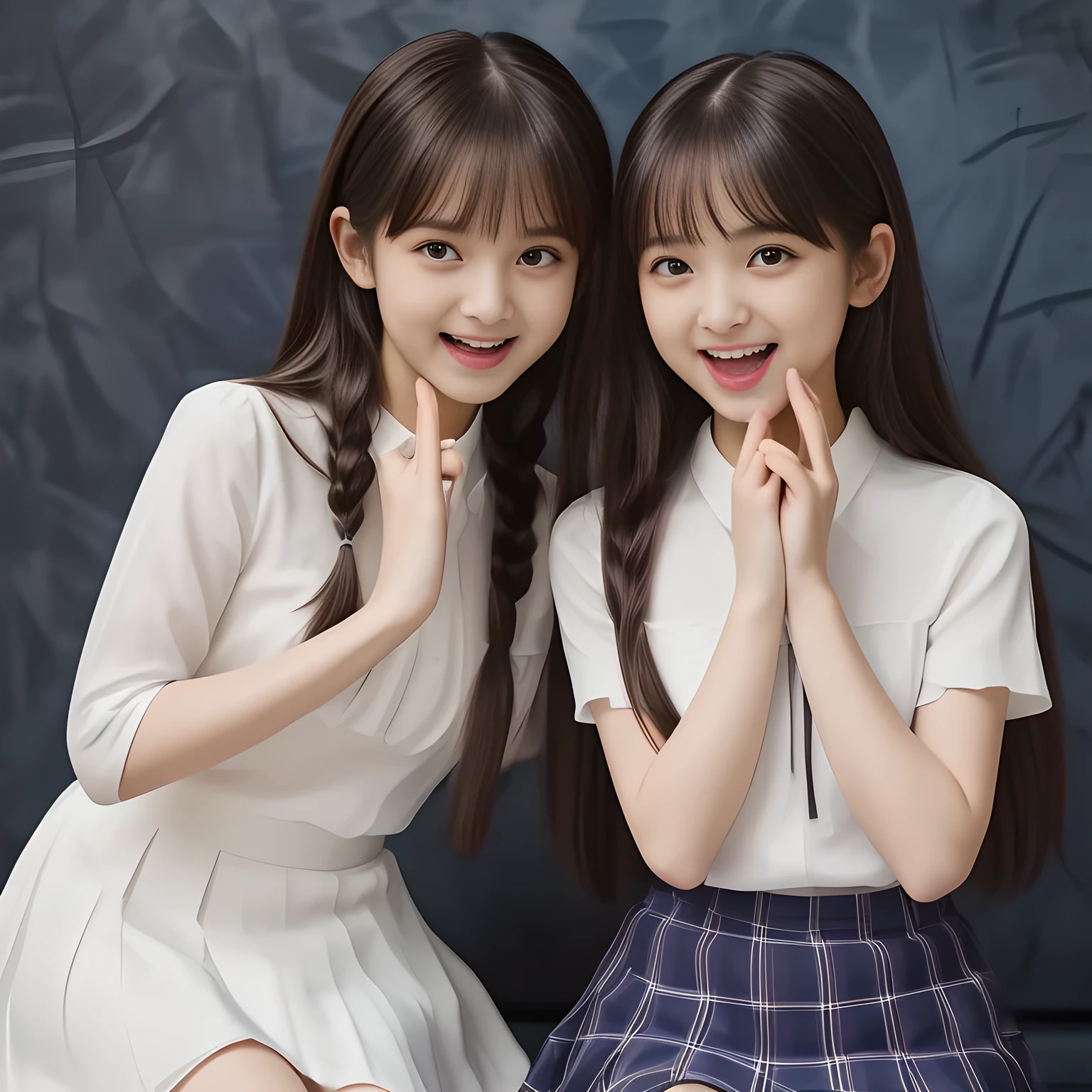 (Highest quality, masterpiece:1.2), Highest quality, High resolution, 1080P, 8k, height: 158cm, (Two **** Japanese beautiful idols are seated and kissing on hands together, facing each other, cute skirt with beautiful knees, looking at the viewer, can't stop showing cute smile open mouth because of feeling too funny about the viewer, very white-white face, very proud of her long straight black hair, using face-whitening cosmetics, **** girl's prominent eyes, opened laughing giggling most open mouth, too expensive luxurious glossy feminine frilled ivory silk blouse, woolen navy-checkered-pleats-school-skirt and bewitching ribbon on the breast, well-straitened super-super-long well-trimmed long hair, evenly trimmed girly cute bangs: 1.5), (white thighs and knees: 1.7), (Well-balanced, impressive, lovely, drooping, double-eyelids, black shining large prominent eyes of **** idol with detailed: 1.5), ((Beautiful well-figured glossy opened laughing lips: 1.2)), (mature breast), (Girl whom everyone loves because of her beauty and beautiful eyes and lovely fashion and noble manner), (Very beautiful, super-glossy, cute neat black amazingly long hair, straight well-done long hair-style: 1.3), (plain blue background: 1.6), (Best style like a **** fashion model, mature breast), (((Completely balanced beautiful big big eyes, looking at me))), (eyes, face and hair are especially beautifully detailed and beautifully drawn: 1.5), (Satisfactory best shot by professional famous photographer for school girl's beauty: 1.5), (The soft white light clearly shows her face extremely white: 1.2), (Feel too luxurious and expensive, girly frilled), (School uniform, Twins, A pair of cute slender **** Japanese idols, Super long hair **** super-beautiful super-cute **** idol of pure pure girls photo magazine in Japan are licking hands together with open mouth like drinking spilled milk: 2.0)