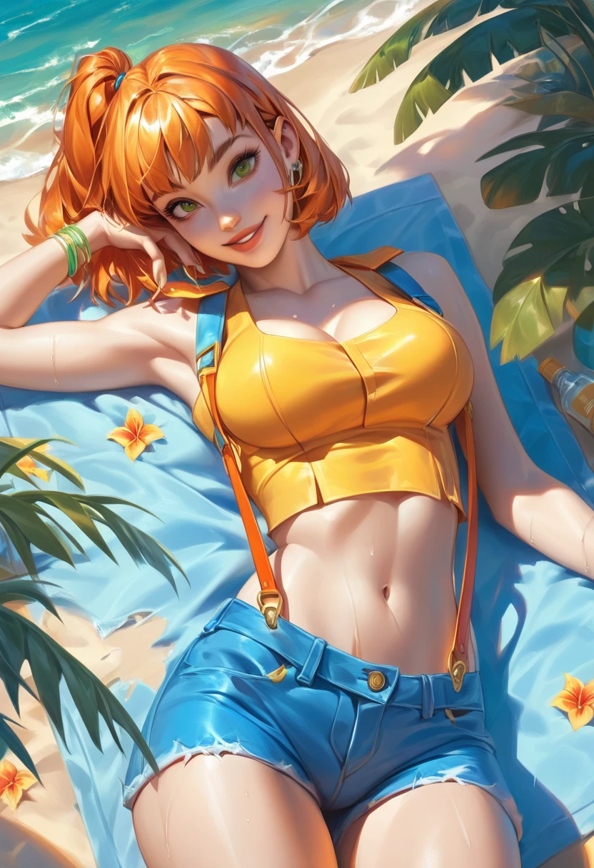 masterpiece, best quality, absurdres, medium breasts, (curvy), cute, eyelashes, vivid colors, BREAK, ,,, , ,,, zzMisty, green eyes, orange hair, short hair, side ponytail, shorts, suspenders, midriff, yellow crop top, navel, denim shorts, smile, looking at viewer, ,,, tropical beach, plants, laying on towel,
