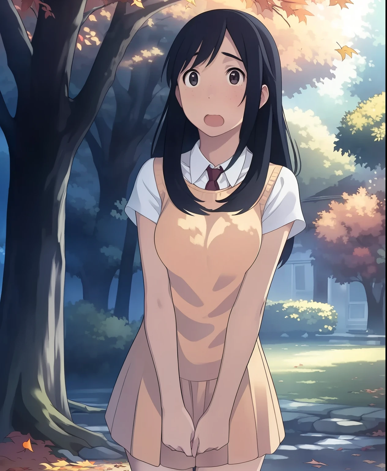 (masterpiece、Best Quality、Best Quality、 OFFICIAL ART、 beautiful and beautiful :1.2)、(One person:1.3),Beautiful breasts, young woman , Standing by the tree , the falling leaves are soaring, spinning, clock, the leaves are falling around her