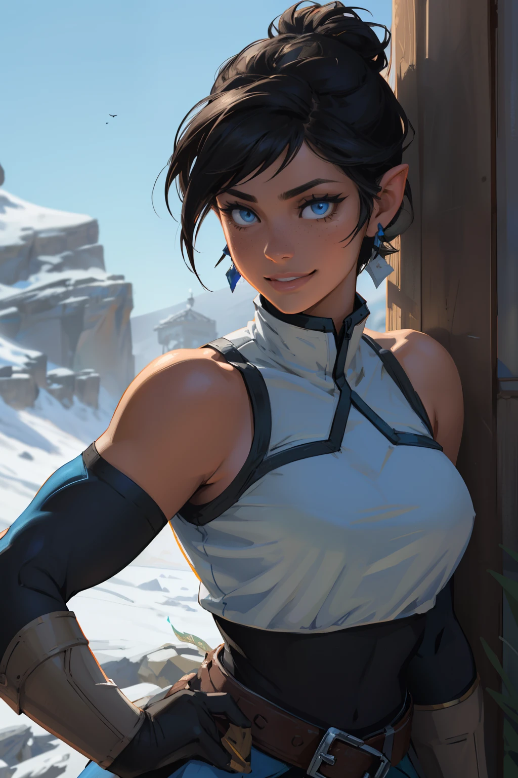 Korra da avatar,(best quality, 4K,8k,high resolution,work of art:1.2)(weather: showing), tundra background, artic village, wide hips, long curly hair, brown hair, freckles, sleeveless crop top, fur belt, bodycon winter skirt, leggings, winter boots, elbow long gloves, light makeup, dark eyeliner, blush, flirting pose, earrings, glowing eyes, ultra detailed, portrait, realistic, beautiful detailed blue eyes, beautiful detailed lips, extremely detailed eye and face, long eyelashes,average, large breasts, flying hair, beaming smile, sexy smile, powerful girl, bright coloured, dramatic lighting, blue flames,  LAUFEN, SHORT HAIR, DOUBLE BUN, BLUNT BANGS, Laofen