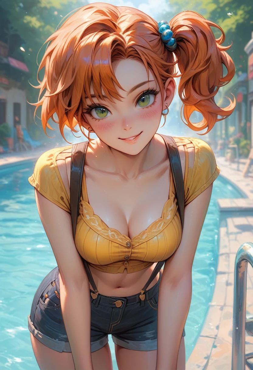 masterpiece, best quality, 32k, high resolution, absurdres, medium breasts, (curvy), cute, eyelashes, vivid colors, BREAK, ,,, , ,,, zzMisty, green eyes, orange hair, short hair, side ponytail, shorts, suspenders, midriff, yellow crop top, navel, denim shorts, smile, looking at viewer, ,,, smile, looking at viewer, leaning forward, head tilt, blush, 