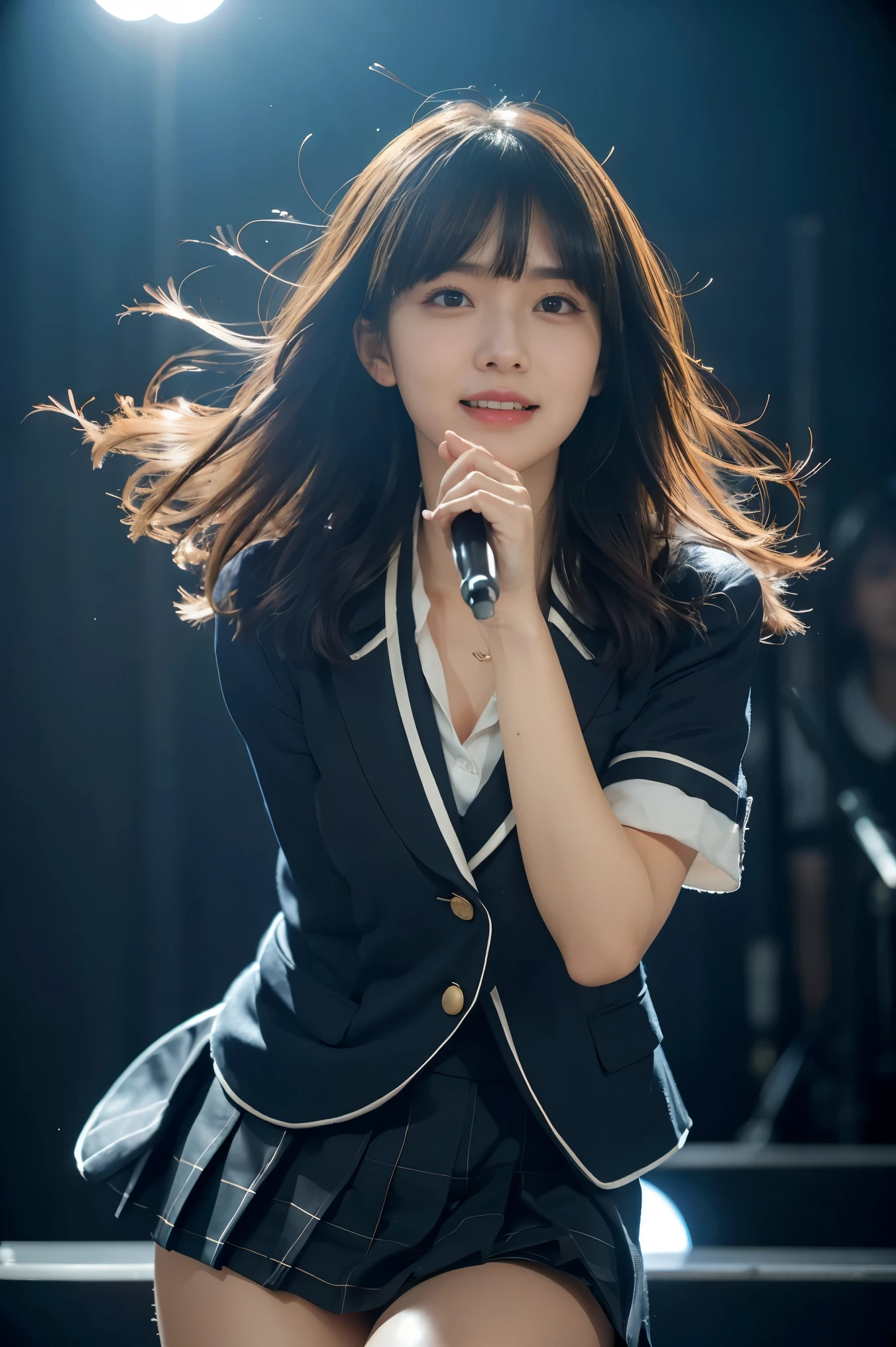 (( best quality)), ((masterpiece)), ( Details),32K, high res, photo realistic, (anatomically correct:1.1), break,a Japanese girl, top of beauty, fair skin, cat face, messy bob hair, (mole under left eye:1.2), singing on stage, at hall, having microphone, wearing school uniform,19yo, bob hair, bangs, top idol, cool,(happy:1.2), (slender), (backlighting:1.2), cinematic lighting, (thigh focus:1.1)