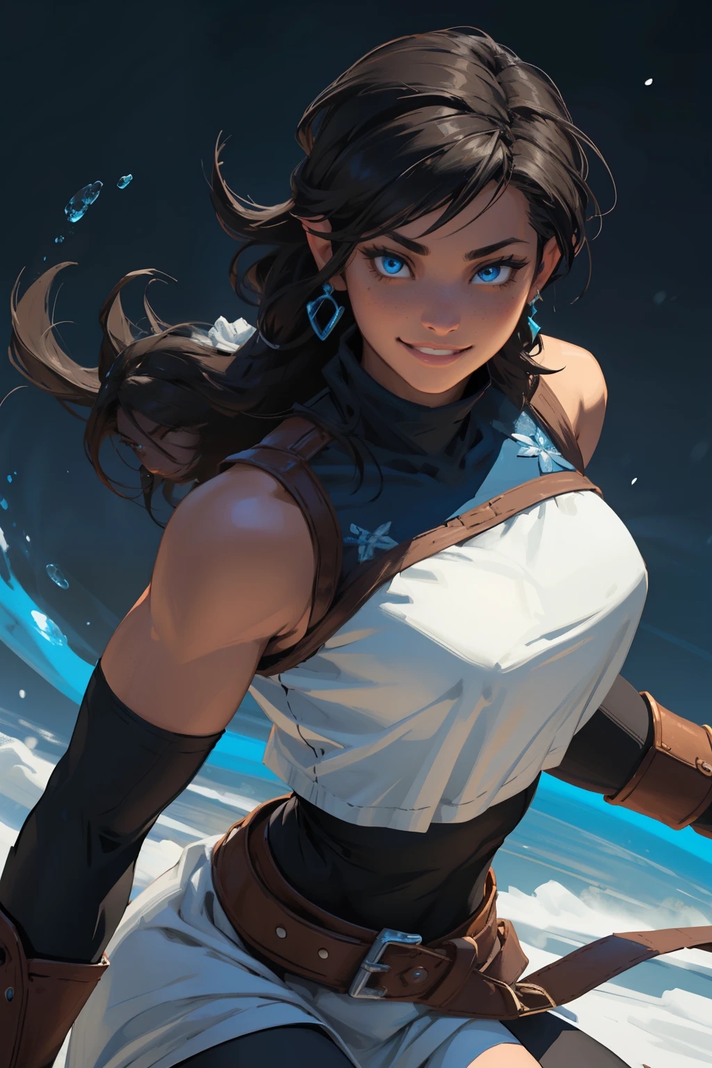 Korra da avatar,(best quality, 4K,8k,high resolution,work of art:1.2)(weather: showing), tundra background, artic village, wide hips, long curly hair, brown hair, freckles, sleeveless crop top, fur belt, bodycon winter skirt, leggings, winter boots, elbow long gloves, light makeup, dark eyeliner, blush, flirting pose, earrings, glowing eyes, ultra detailed, portrait, realistic, beautiful detailed blue eyes, beautiful detailed lips, extremely detailed eye and face, long eyelashes,average, large breasts, flying hair, beaming smile, sexy smile, powerful girl, bright coloured, dramatic lighting, blue flames,