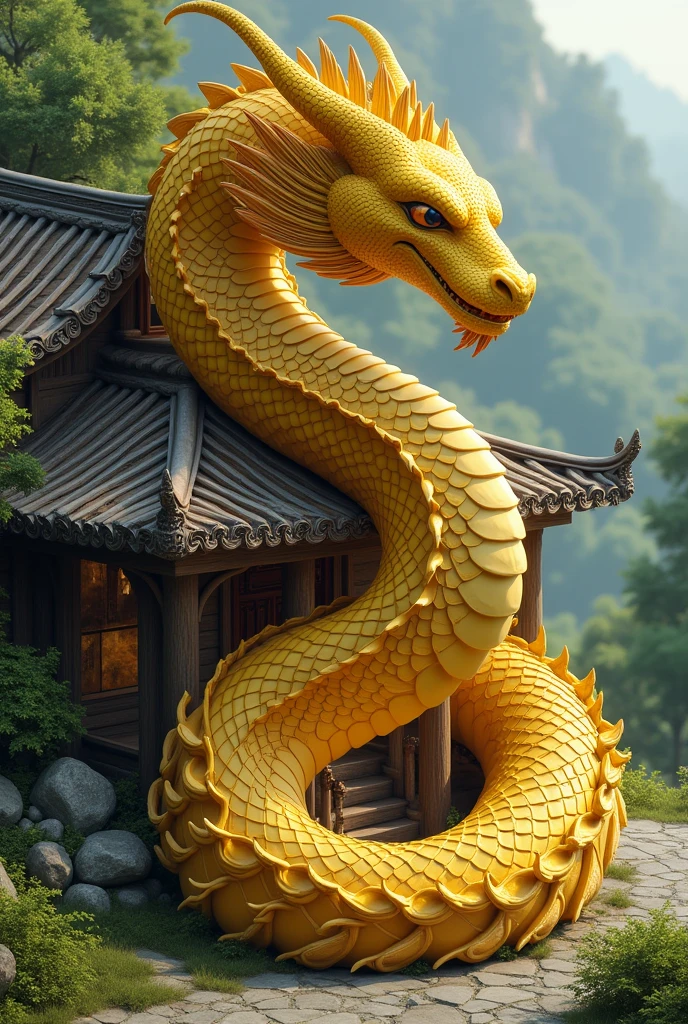 A dragon that bites its own tail, forming yin-yang The dragon's body must be detailed, with scales and textures that look realistic, but with subtle geometric patterns reminiscent of electronic circuits. This symbolizes the fusion between the ancient and the modern., and the connection between mind and technology. In the center of the dragon's head, place the yin-yang symbol in the dragon's mouth or forehead, highlighting balance and duality. The background should be subtle and evoke nature., with soft shades of green and blue that are reminiscent of a forest or a natural environment. Light textures should suggest leaves or organic elements, creating a sense of calm and connection with nature. Small golden particles should float around, suggesting energy in motion and transformation A soft golden aura should radiate from the ouroboros, como se estivesse emitindo uma luz de dentro till fora. This lighting should create a soft contrast with the natural background., highlighting the ouroboros in a balanced and harmonious way. insert a small symbol representing the philosopher's stone. This symbol should be a simple and elegant yin-yang, which symbolizes perfection and maximum transformation of the mind. The overall design should be minimalistic, com poucos elementos adicionais till garantir clareza e reconhecimento, mesmo em tamanhos menores, as profile icons on digital platforms. Name Integration (optional): if necessary, the initials of the channel name ("sam" till "Alchemy of the Mind") can be added to the base of the image in a stylish and modern font, com cor dourada ou branca till harmonizar com o brilho do ouroboros.