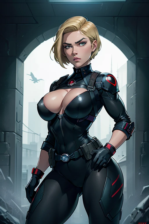 super fine illustration, ultra high resolution, masterpiece, highest quality, perfect dark skin, perfect lighting, detailed lighting, dramatic shadow, ray tracing, 1 beautiful white milf, looking at the viewer, small breasts, exposed cleavage, beautiful detailed hazel eyes, sharp face, clear eyes, long bang, ((medium curly blond hair:1.2)), ((post-apocalyptic fiction)), ((desert:1.2)), Upper body, battle suit, military harness, Alice Abernathy - Resident Evil Series, Milla Jovovich, looking back,