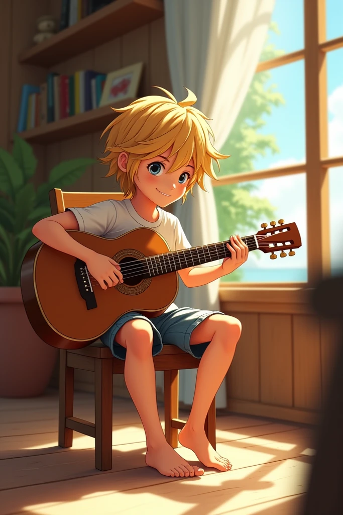 Handsome blond boy  sitting on a wooden chair at home playing guitar, it looks like summer day time, boy is wearing summer clothes and barefoot, house is nice and wooden, picture is calm and relaxing, boy looks focused on guitar with slight smile on his face