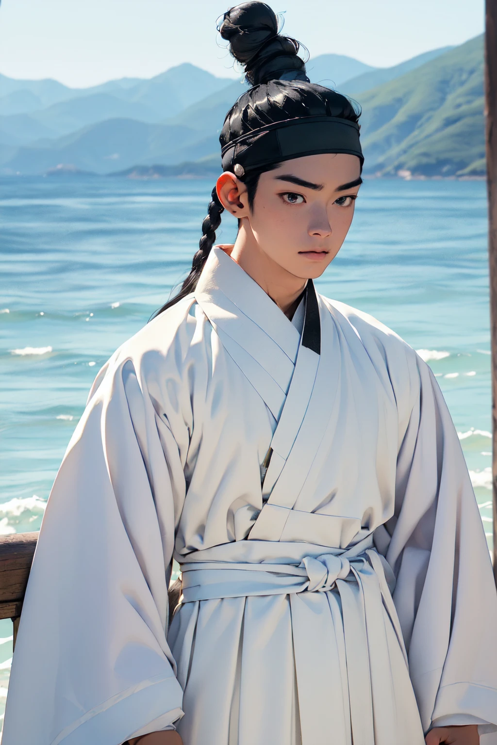 (absurdres, highres, masterpiece, best quality, ultra-realistic,ultra-detailed,(beautiful detailed face and eyes and hair:1.1),handsome,asian man,muscular,black hair,black eyes,datailed face,topknot,see-through headband,white hanbok,little sad,upper body, sea background