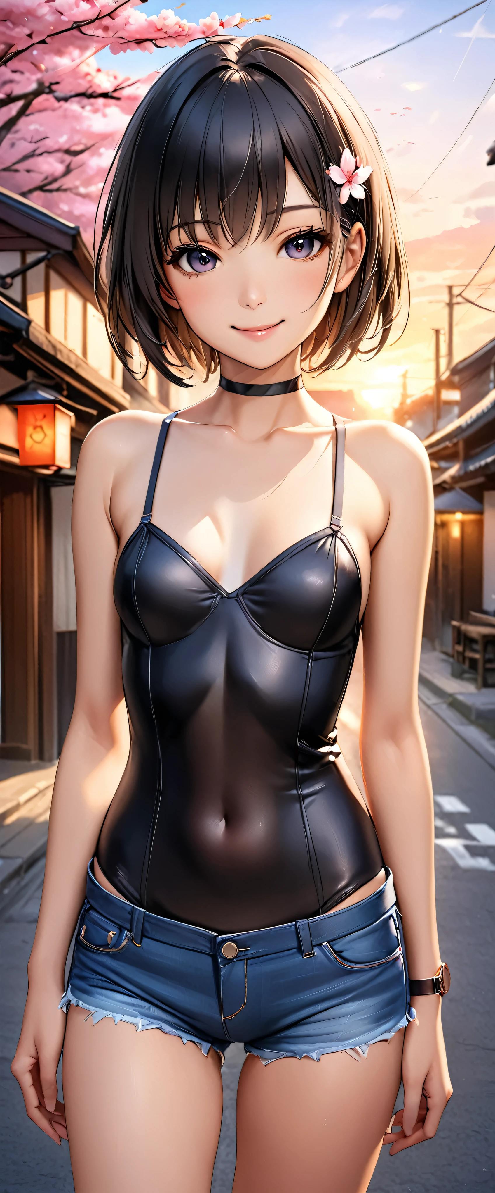 Best Quality,  super high definition, (Realistic:1.4), One person,   small breasts,  black choker, smile, Exposing shoulders, Focus Only,  watch viewers,Fair skin,sunset,cherry blossoms, Photon Mapping ,  physical based rendering,  RAW Photos,  highly detailed backgrounds , K-pop idol, Depth of Field ,Town,cherry blossoms,Hair accessories, detailed face, pubic skin,Game CG,whole body, micro jean shorts,v line bodysuit, skinny,Fits perfectly against the skin, short hair